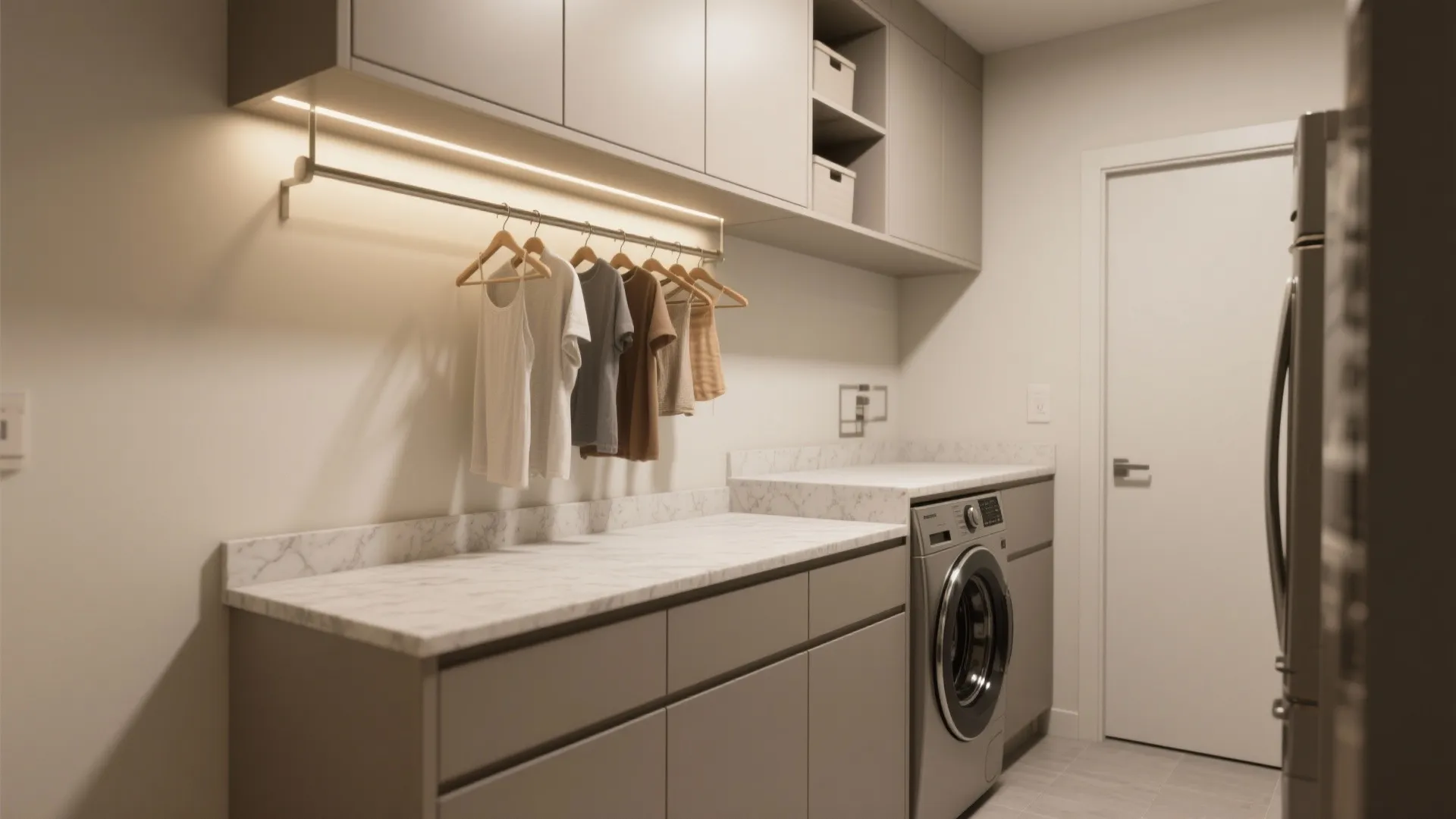 Modern laundry room featuring grey cabinets with marble countertop and clothes hanging on a rail