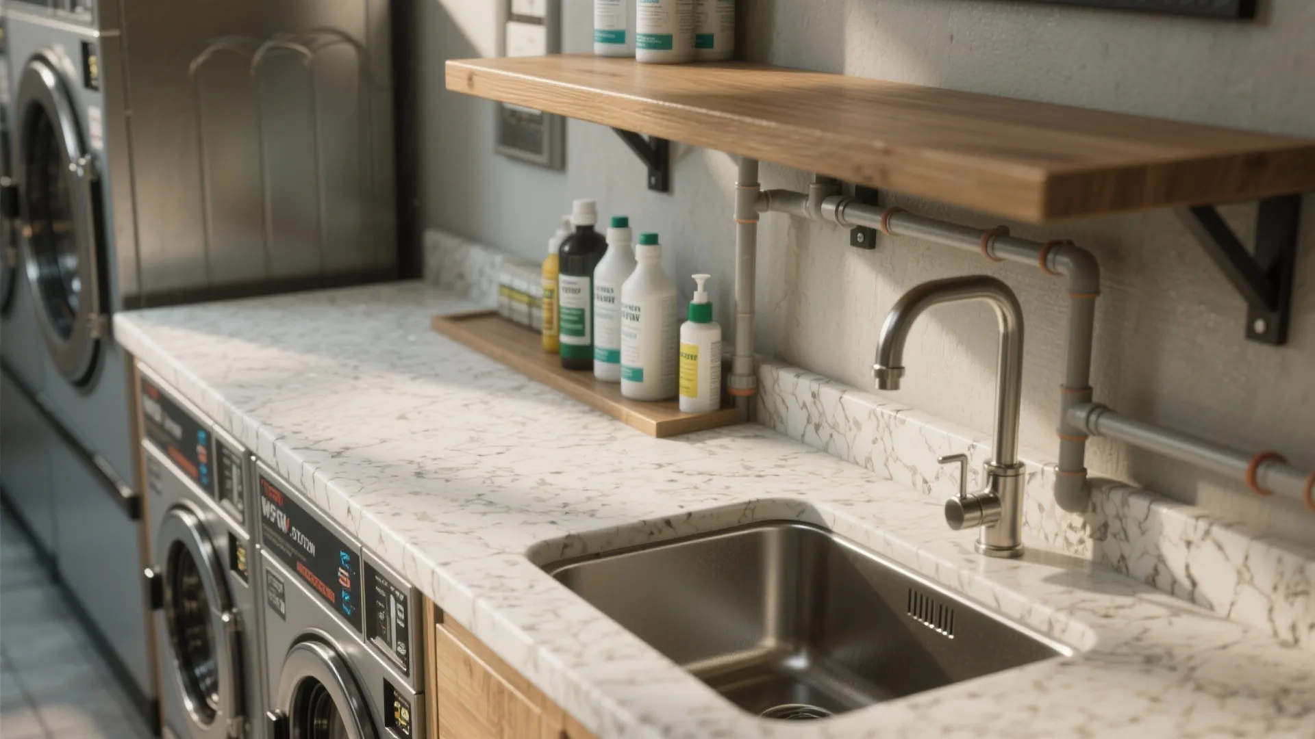 Close-up of a folding station with counter, wall-mounted fold-down table and a slim utility sink in a garage laundry.