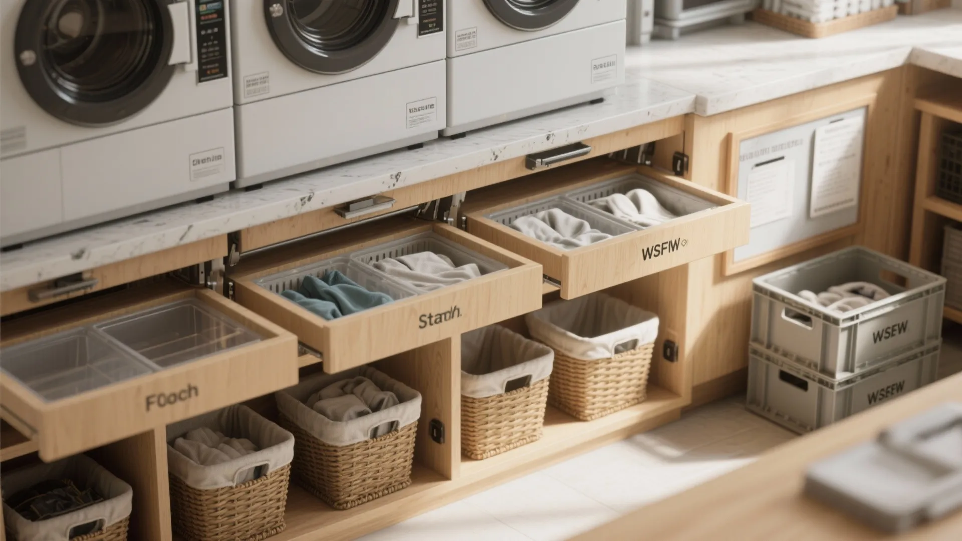 Laundry folding station with wooden cabinets pull out drawers for clothes washing machines and baskets