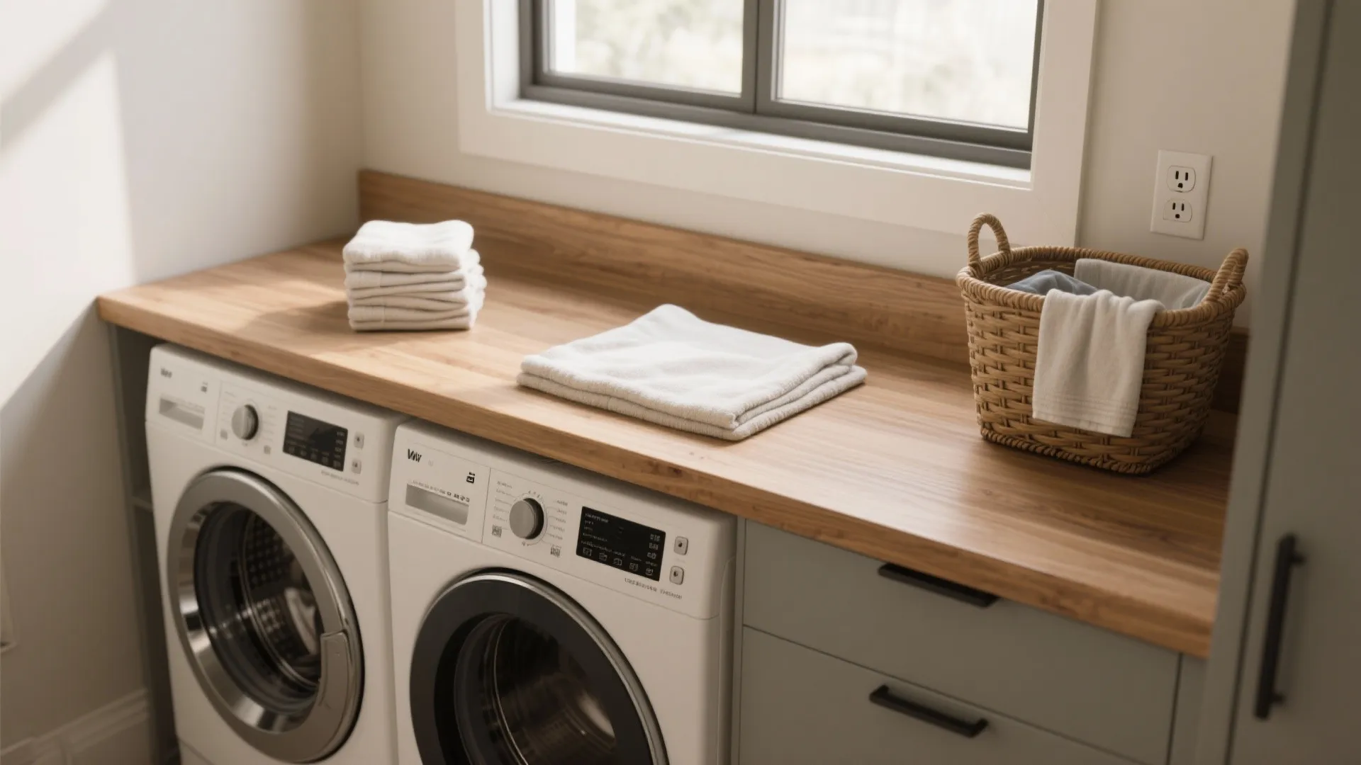 Two white washing machines under long wooden countertop with folded towels and a brown basket