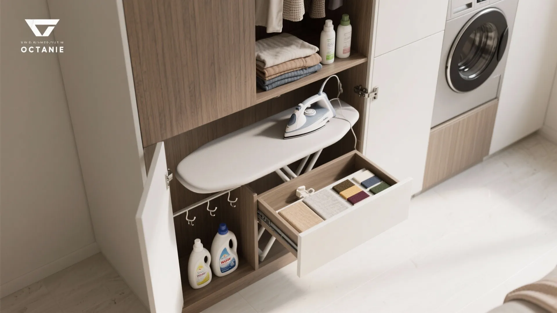 Open laundry cabinet showing an ironing board iron detergent bottles folded clothes and a pullout drawer