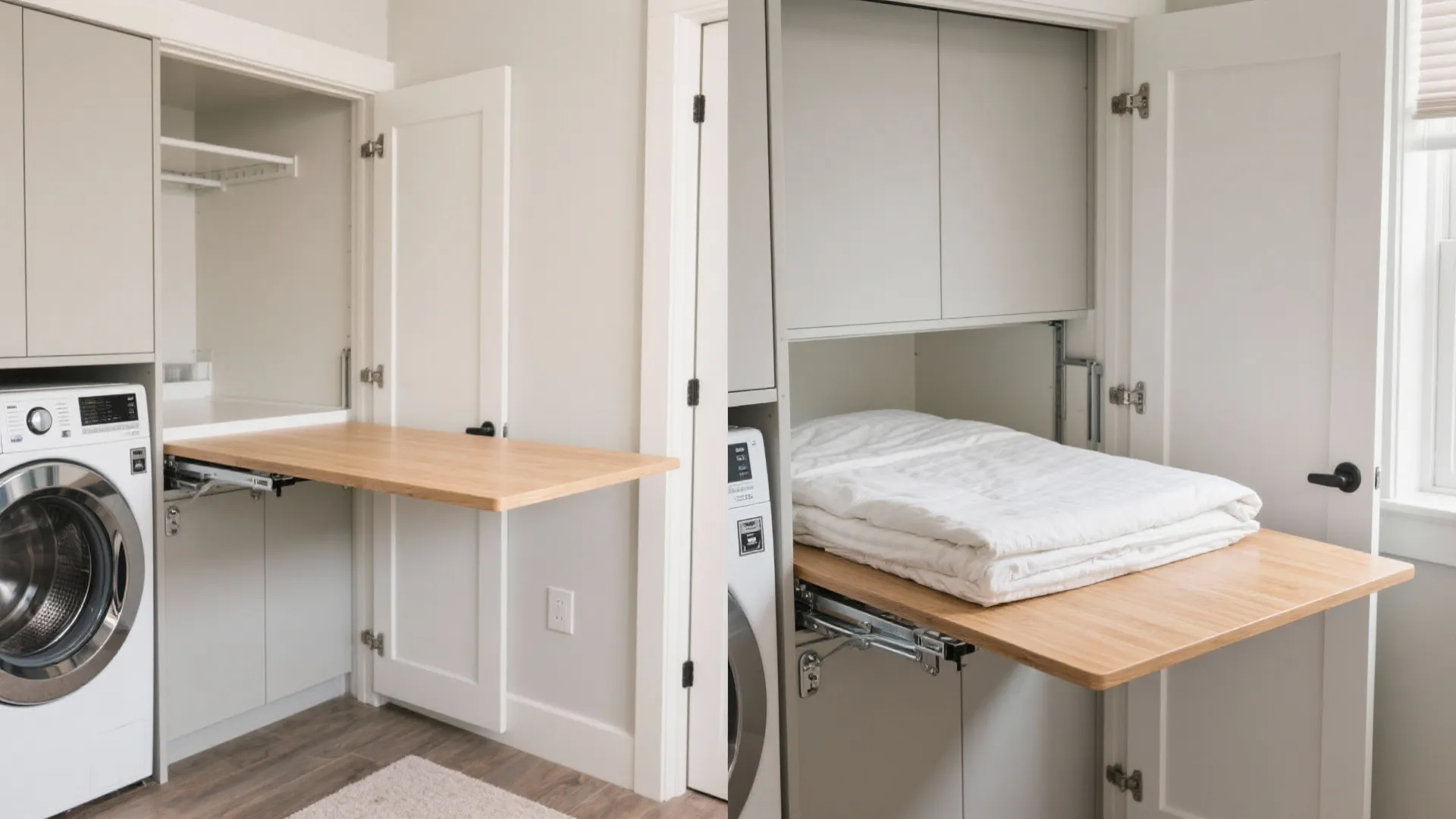 Wall-mounted drop-down folding table shown folded away and folded down beside laundry machines