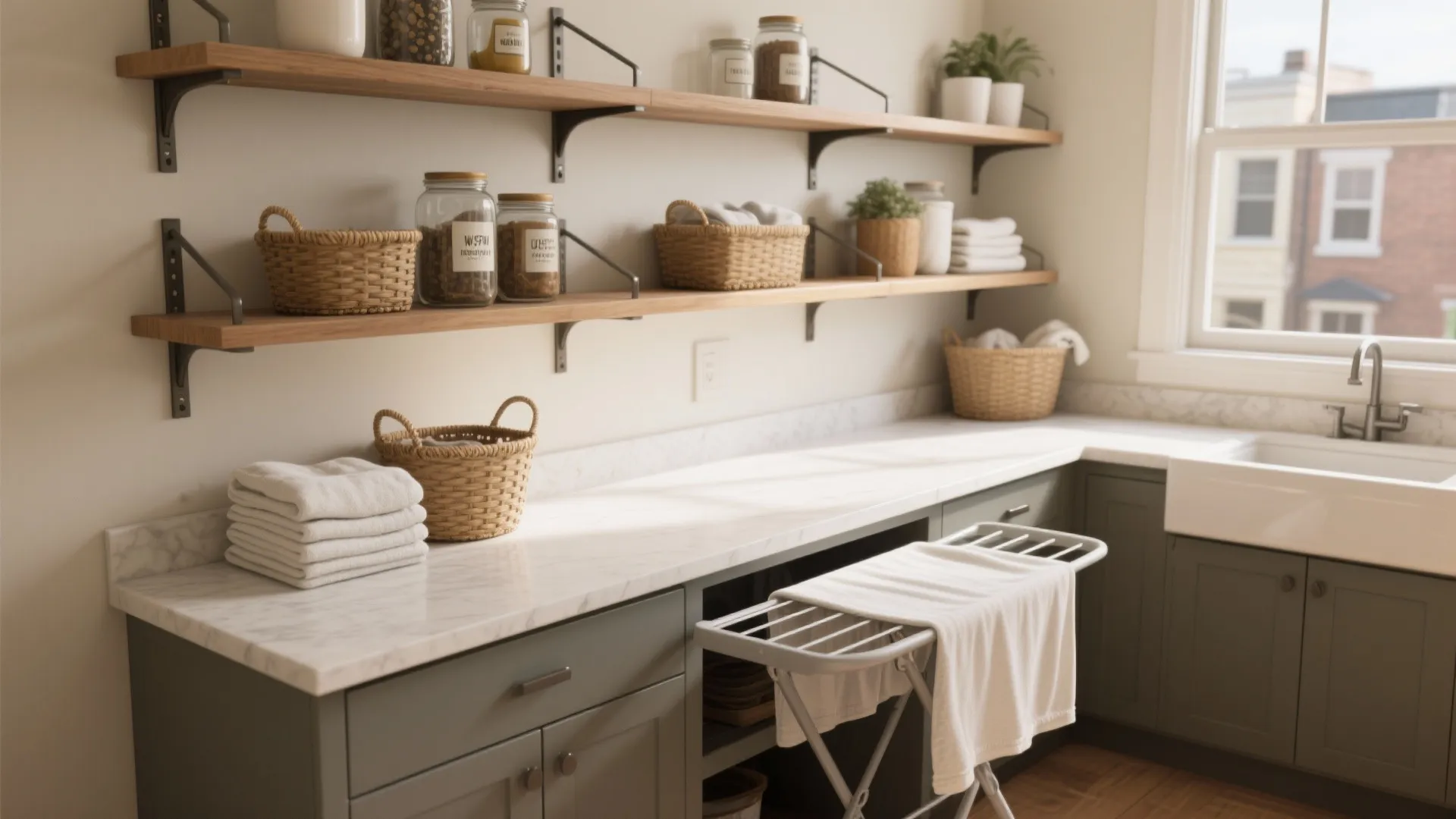 2. Open shelving with a folding station underneath