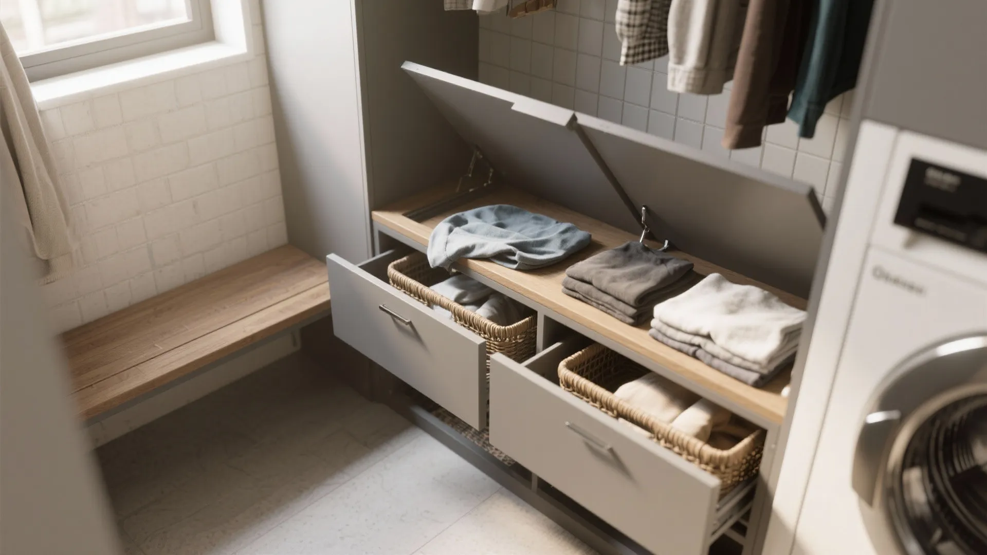 Laundry folding station bench with hidden basket storage