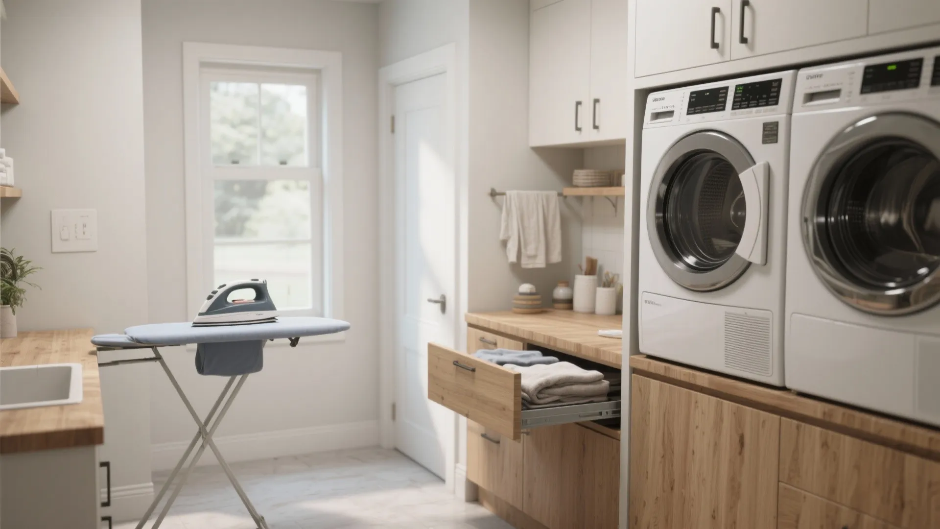 Bright laundry room featuring wooden cabinets with open drawer and blue iron on folding board