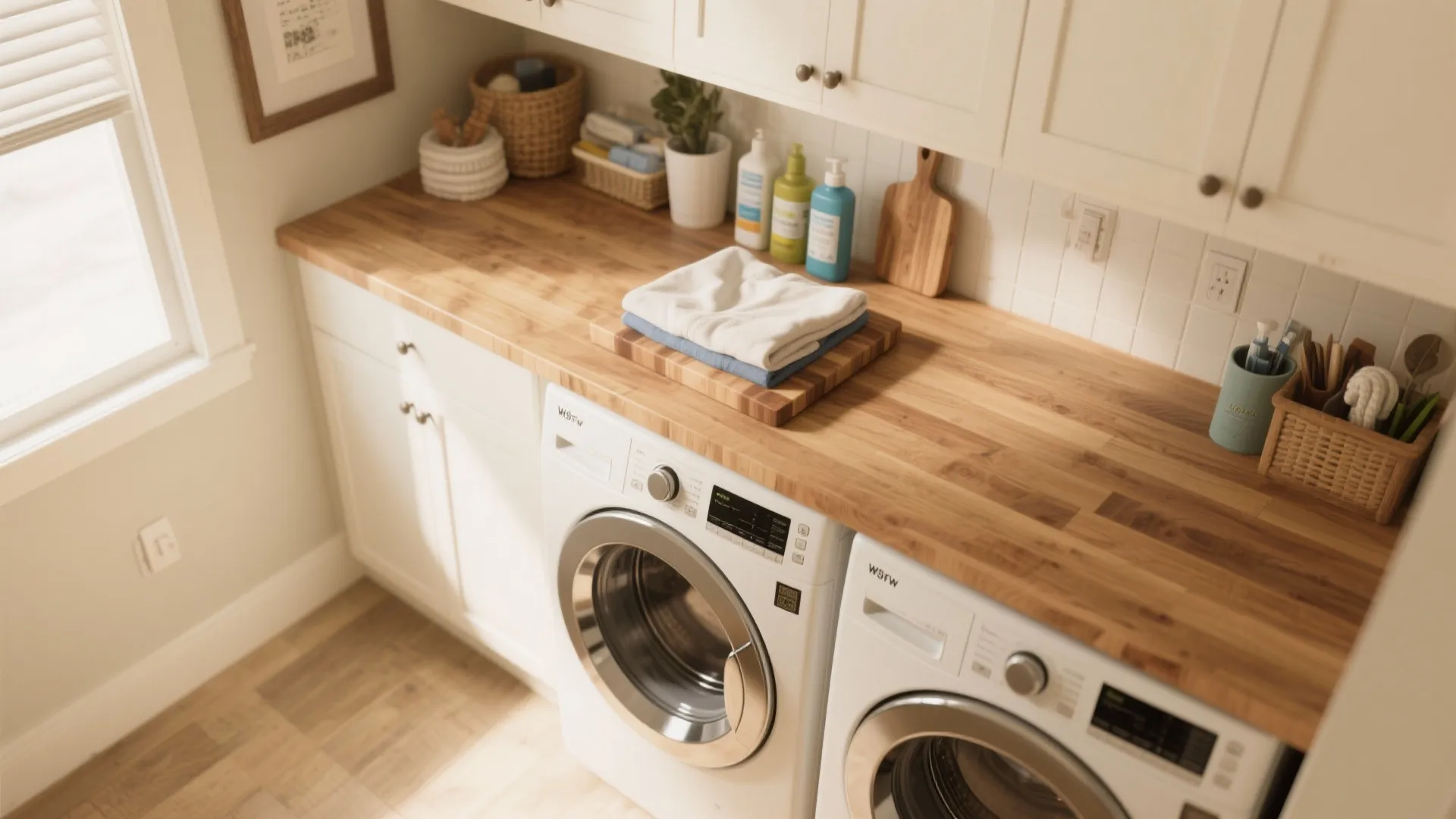 Laundry folding station with wooden countertop white cabinets folded towels and washing machine top view