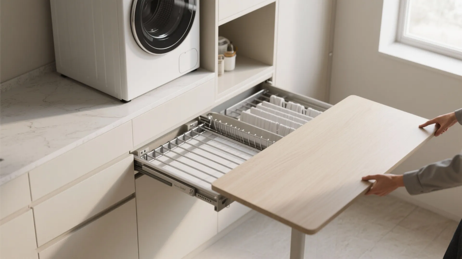 Modern laundry room featuring white washing machine with a pull out wooden folding table design