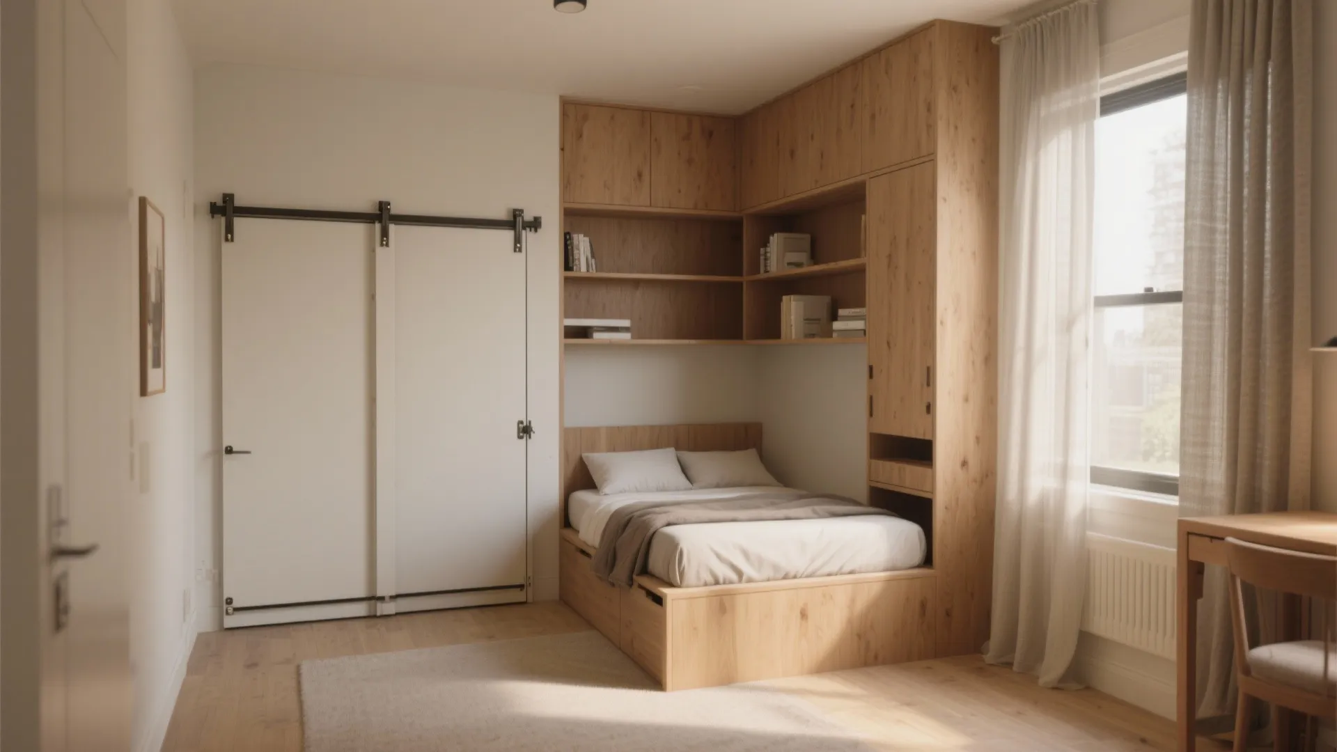 Modern small bedroom with wood bed, built-in shelving, white sliding door, and natural window light