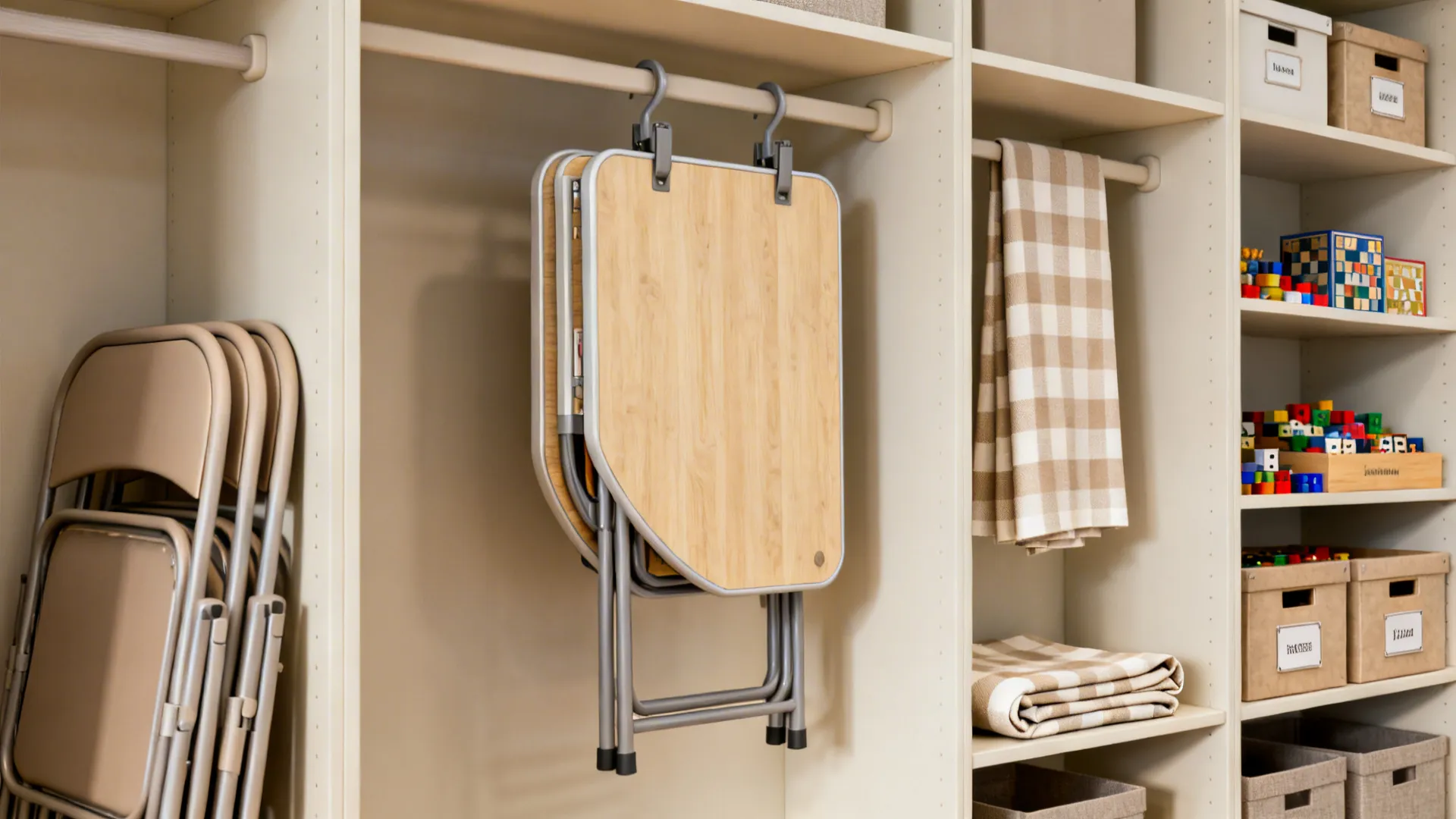 Folded card table stored on custom hangers inside a shallow closet with folding chairs and boxes