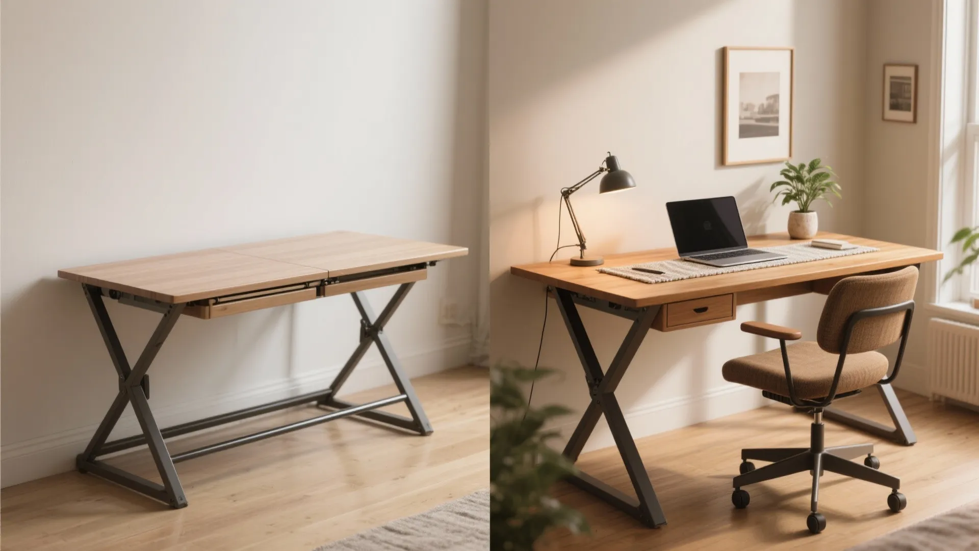 Before and after: folding table stored and transformed into a styled multi-use desk with lamp and runner.