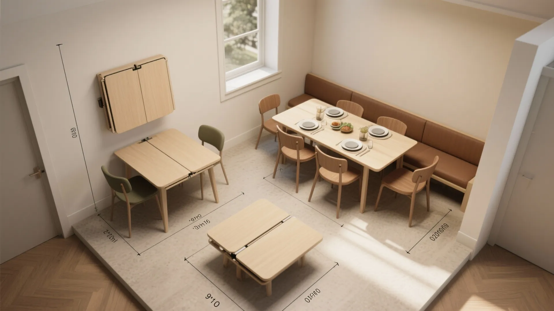 Interior design drawing showing different dining table sizes and room layout with labeled floor dimensions
