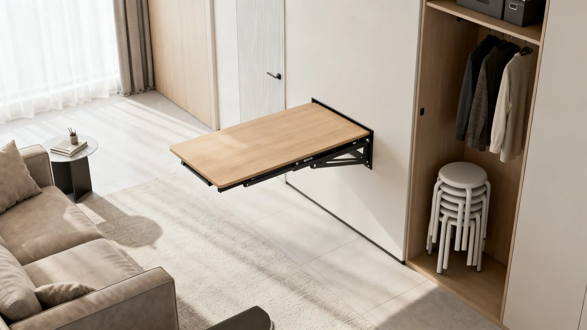 Wall mounted folding wooden table in a living room next to a closet with clothes
