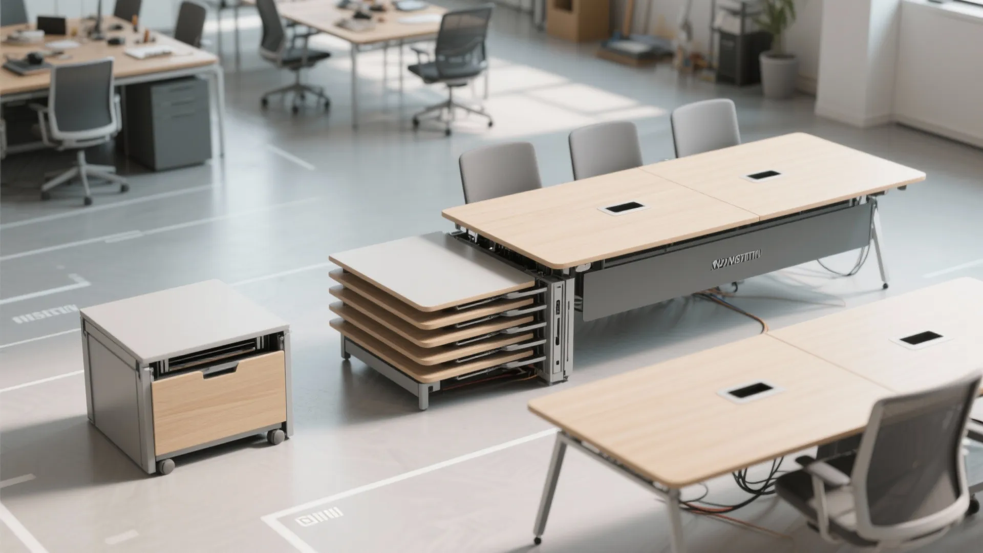 Modular office workstation featuring wooden folding tables grey chairs and stacked tabletop surfaces for storage