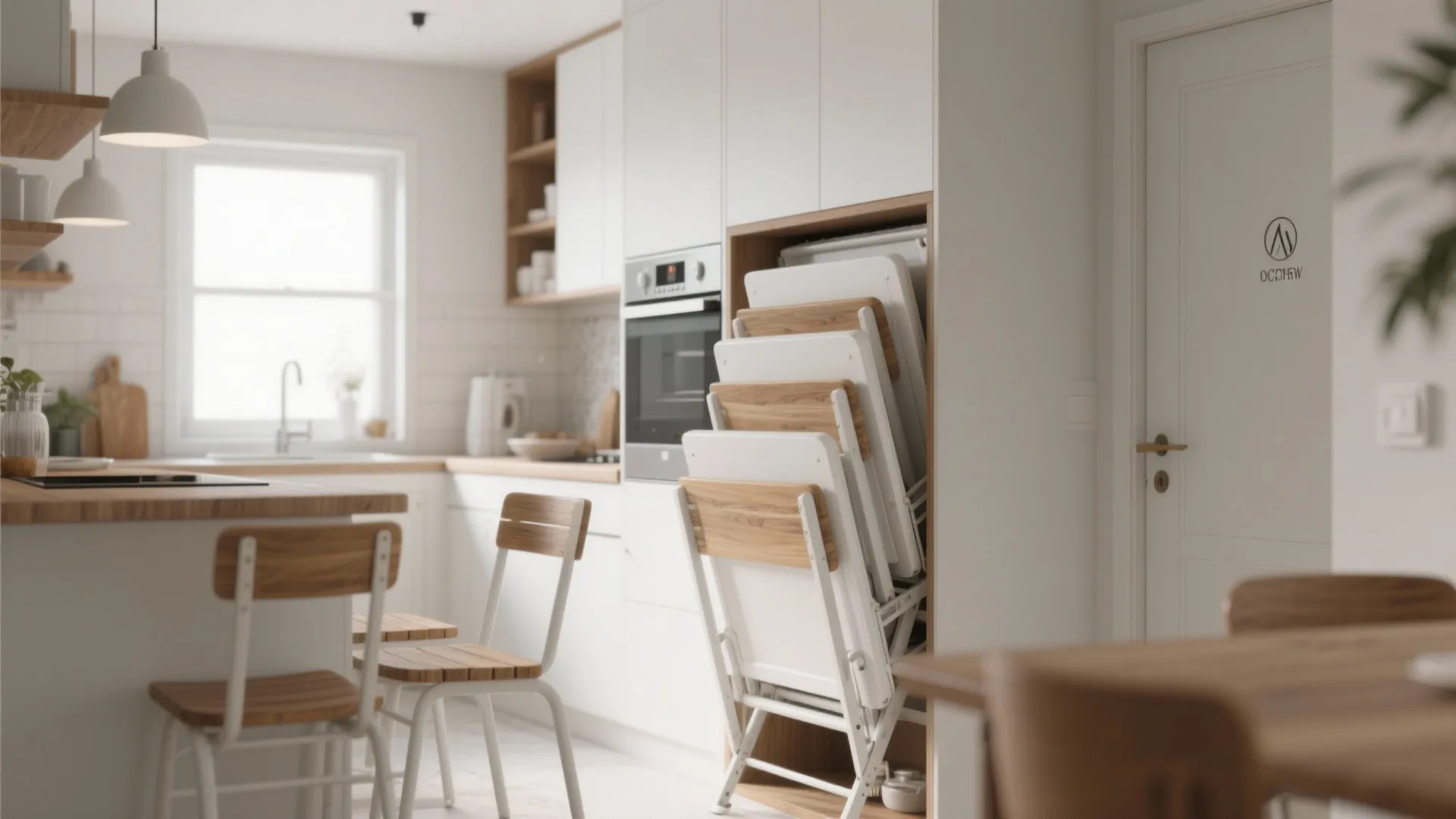 5. Folding white chairs with teak accents