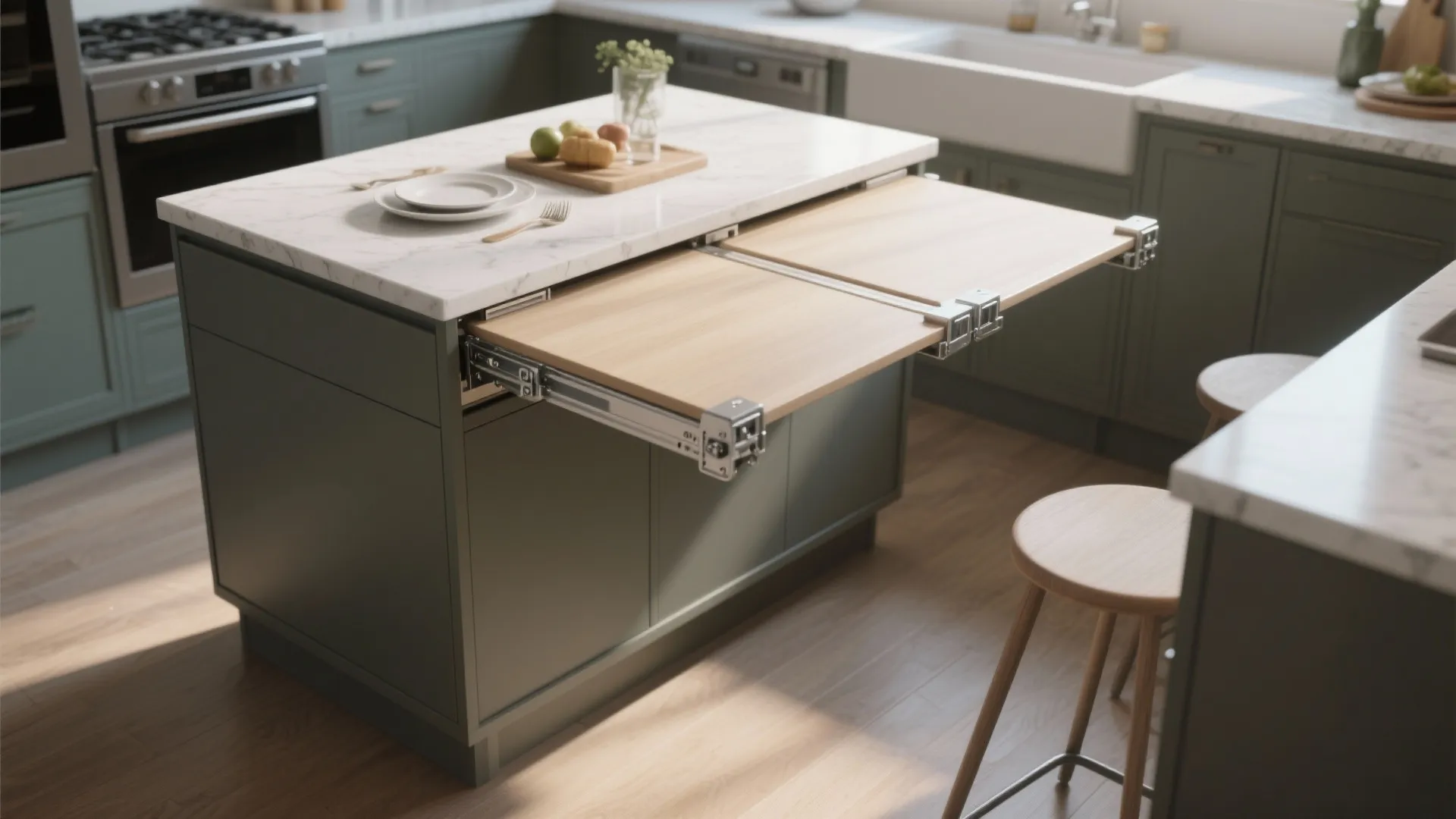 Top-down view of a folding-top island extended from 28 to 60 inches in a small kitchen