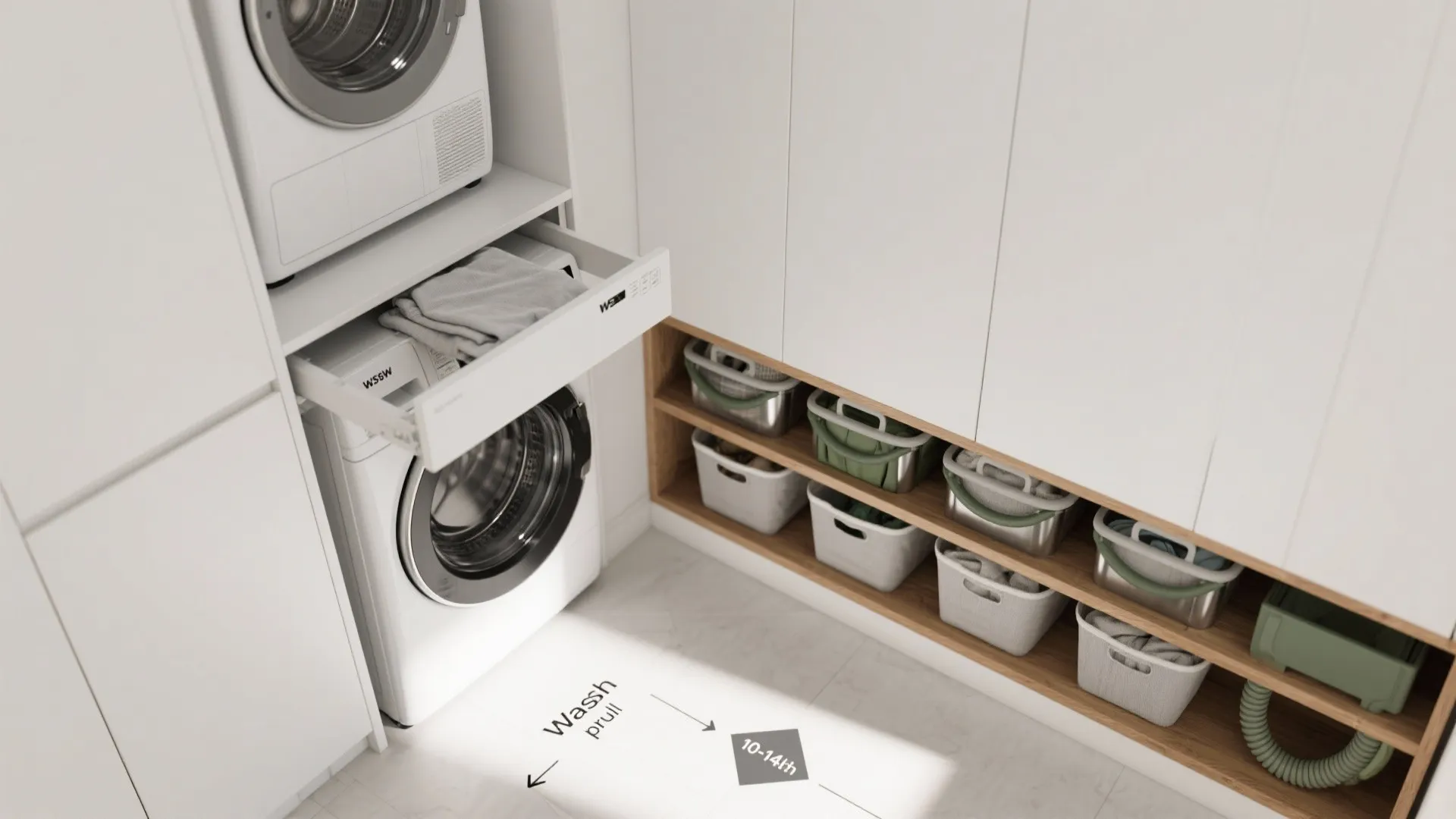 Compact white laundry room with stacked washing machines and a pull out drawer for clothes