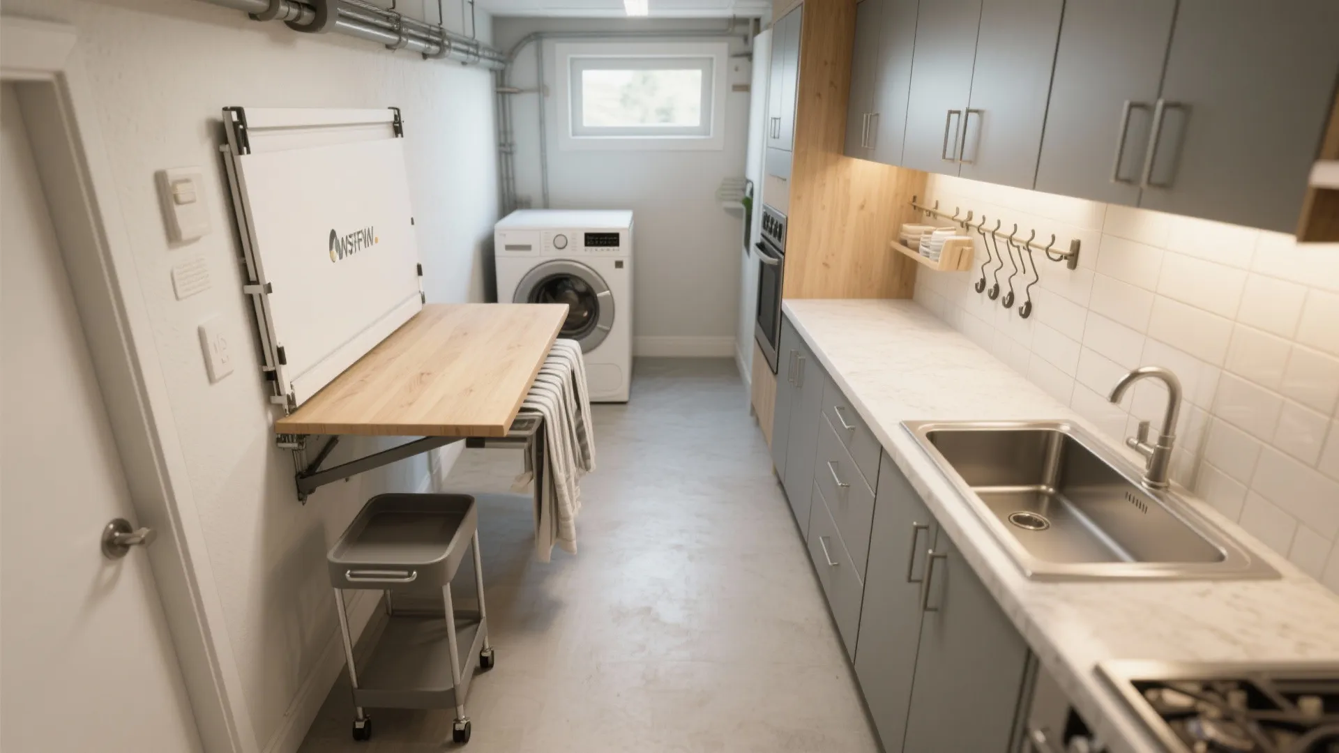 Laundry room with grey cabinets white washing machine and a wooden wall mounted folding table