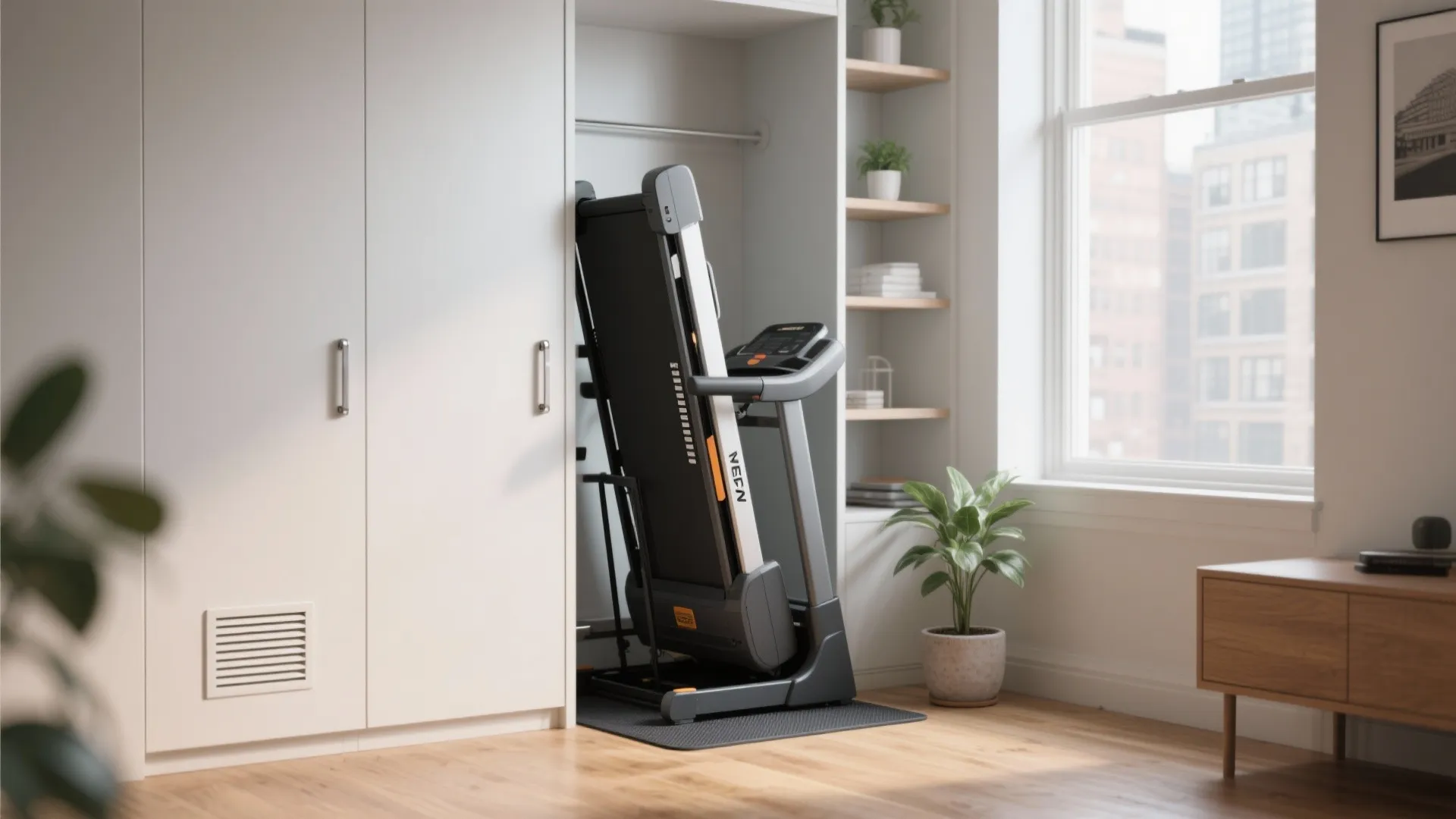 Folded treadmill stored inside a white wall cabinet next to shelves and a bright window