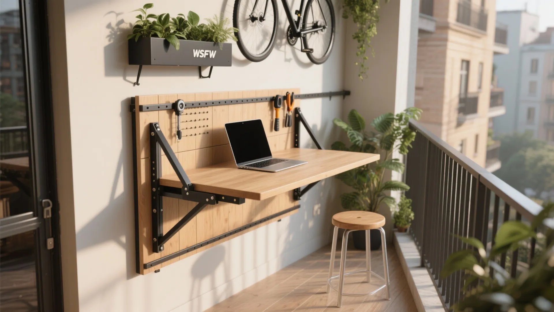 Folding wall mounted wooden desk with laptop and stool on balcony with green potted plants