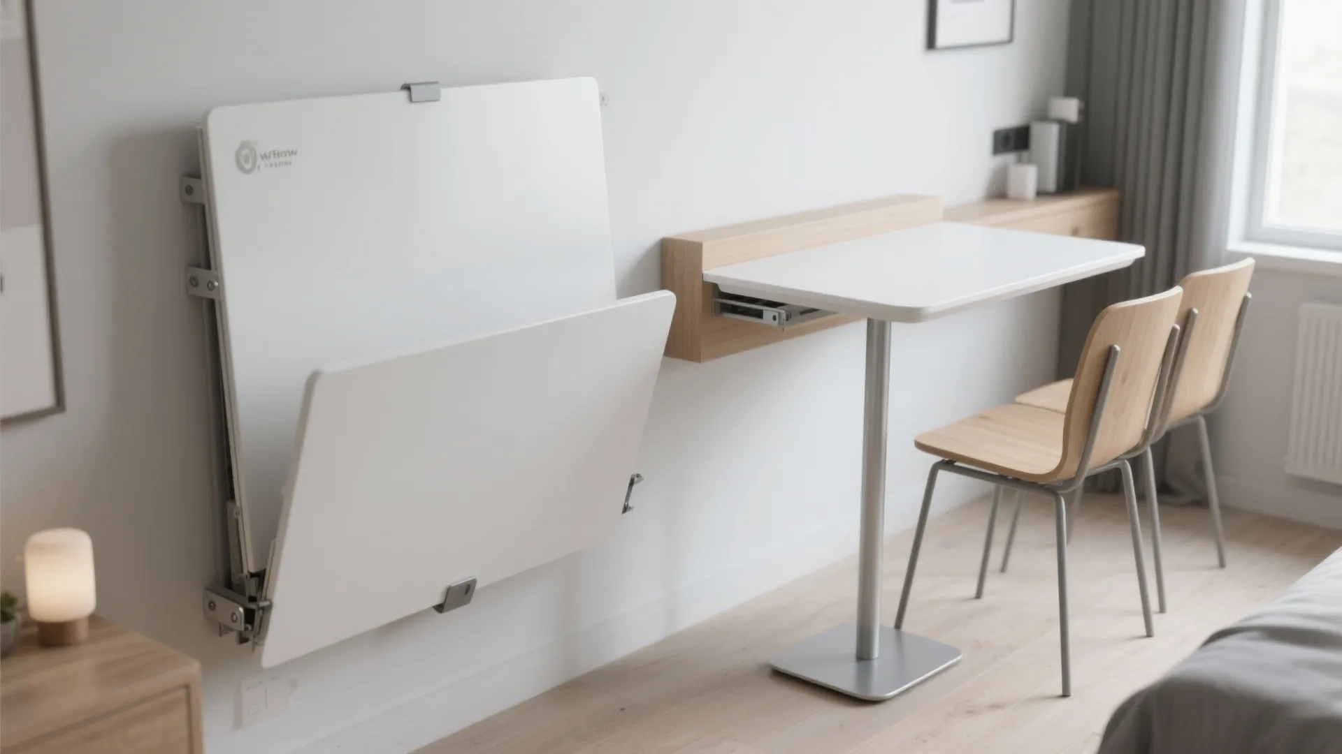 White wall mounted folding table shown open with two wooden chairs in bright modern room