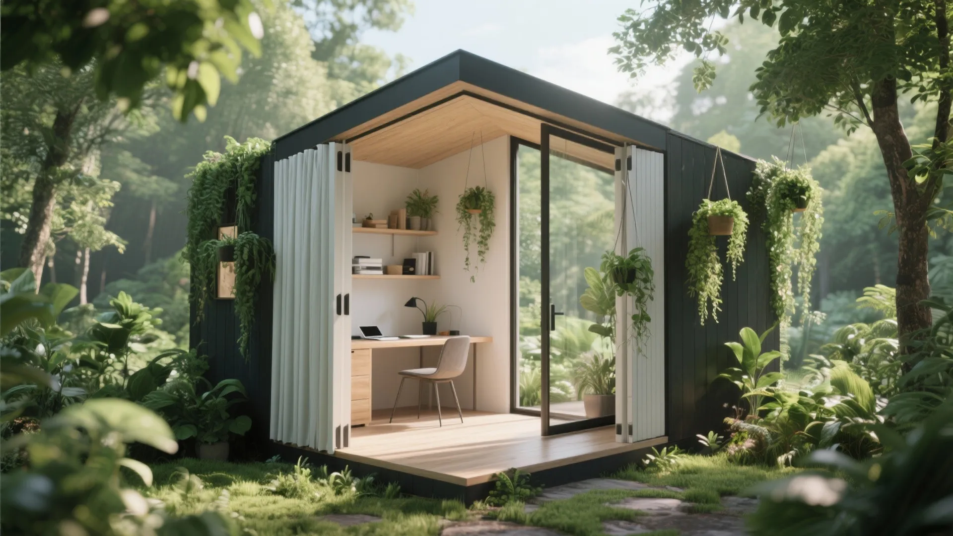 Cabin with folding walls opening up to a garden