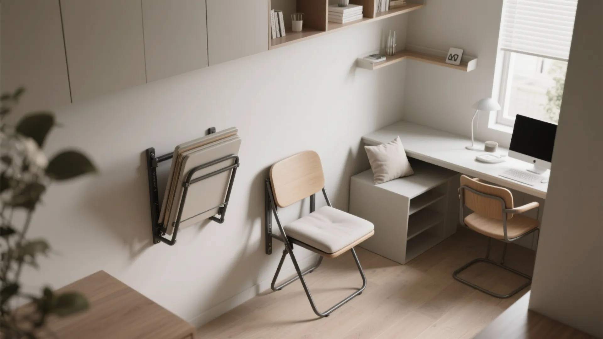 Small home office space featuring wall-mounted folding chairs next to a white desk with computer setup
