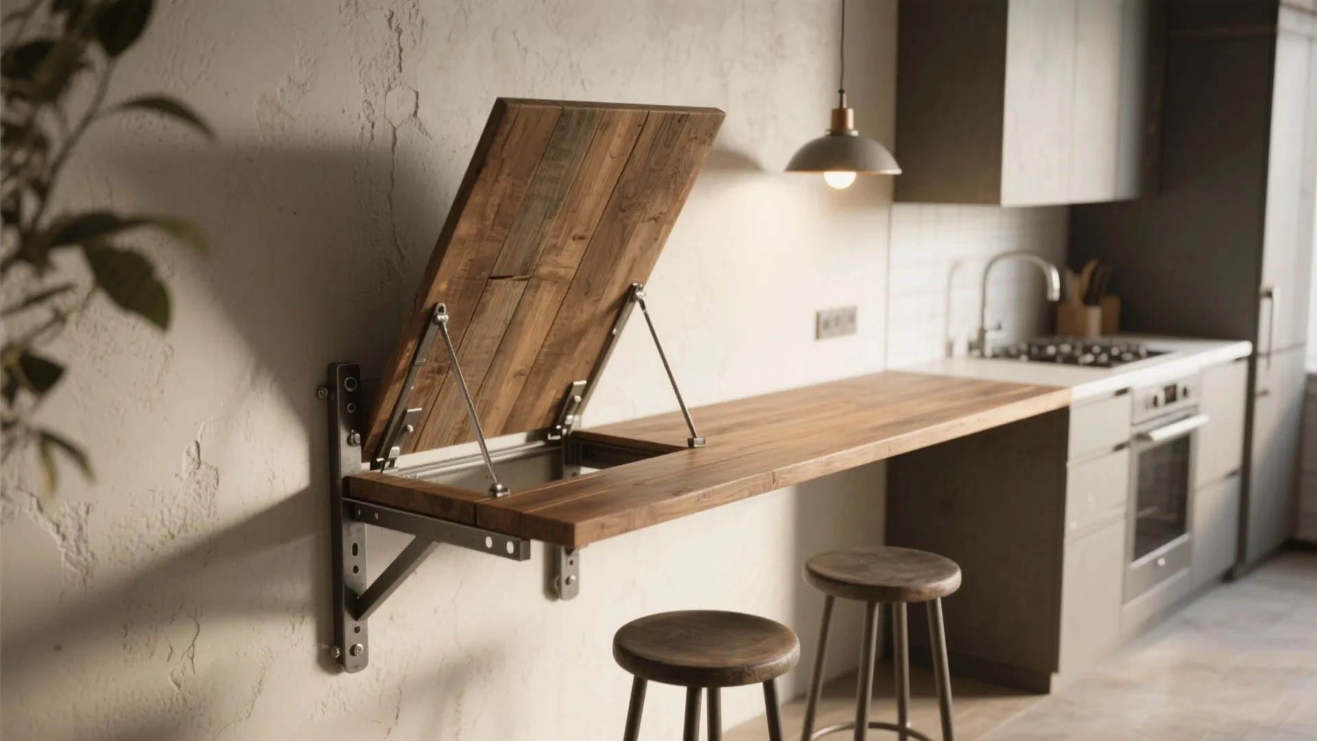 Wooden wall mounted folding table with metal brackets in a kitchen featuring two dark wooden stools