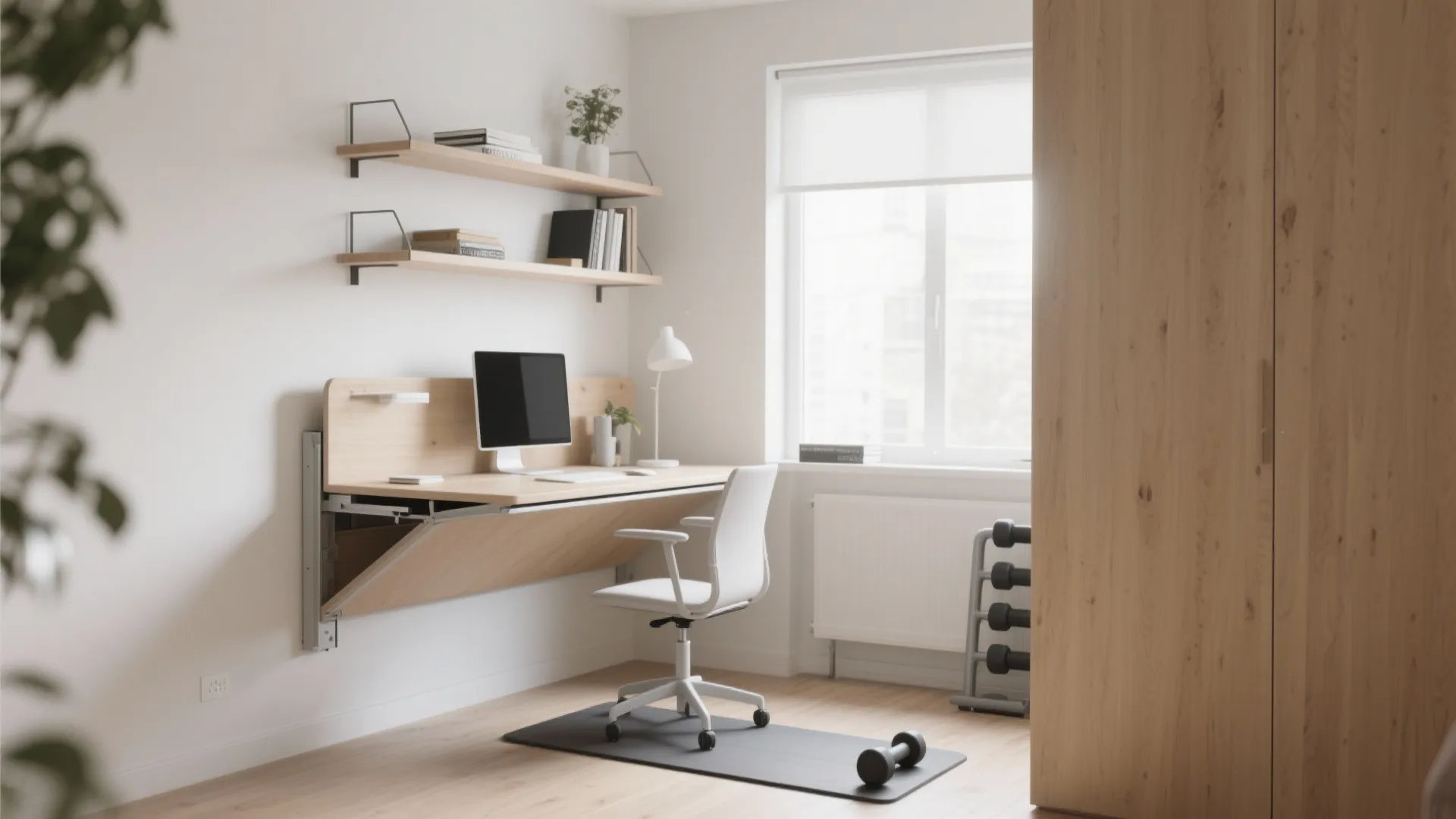Modern home office featuring a wall mounted folding desk with white chair and wooden storage shelves