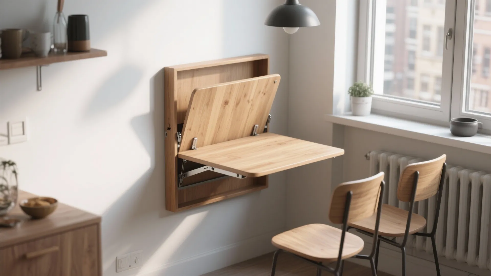 Space saving wooden folding table mounted on white wall next to two simple wood chairs