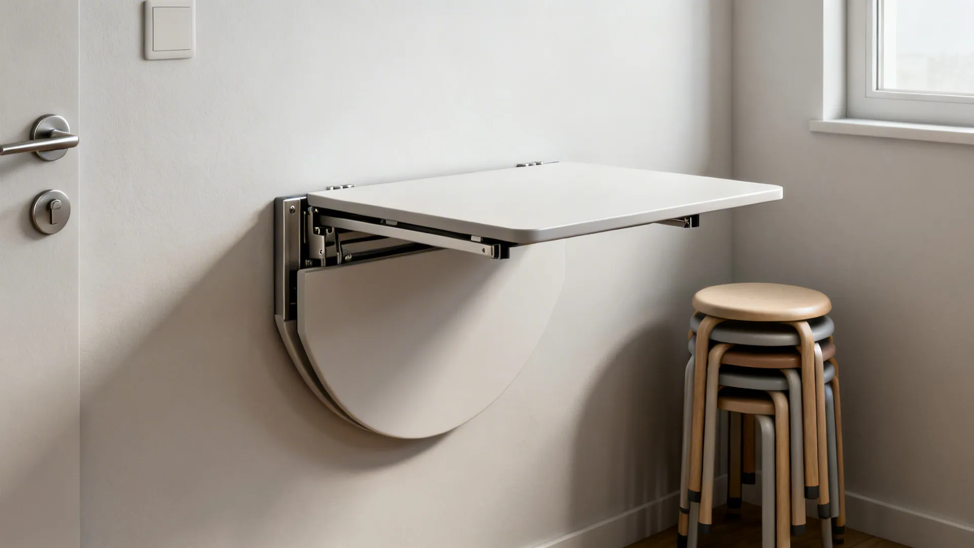 Wall-mounted folding table with stackable stools tucked away in a micro-apartment.