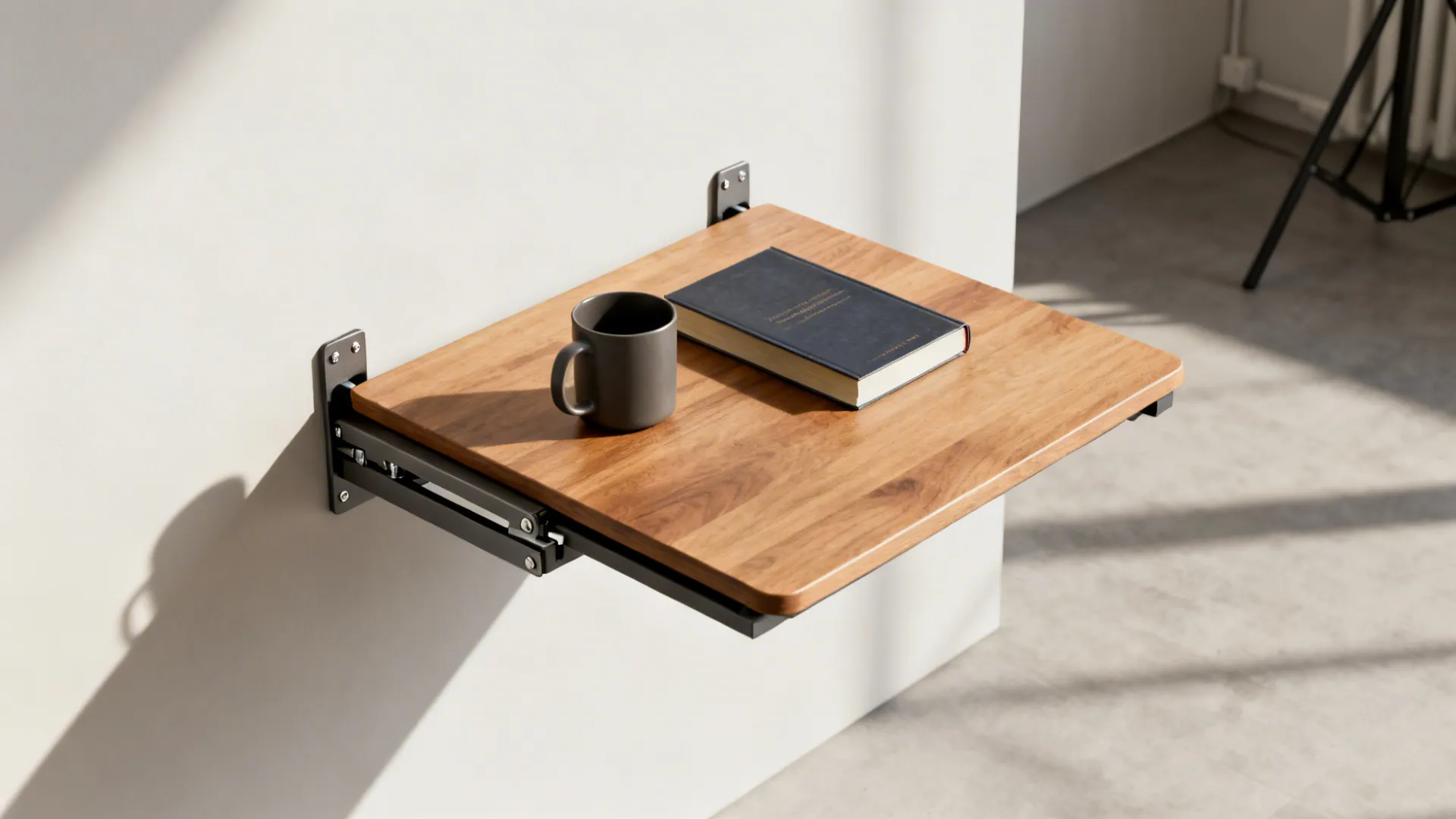 Wall mounted folding wooden table holding a grey mug and black book in bright sunlight