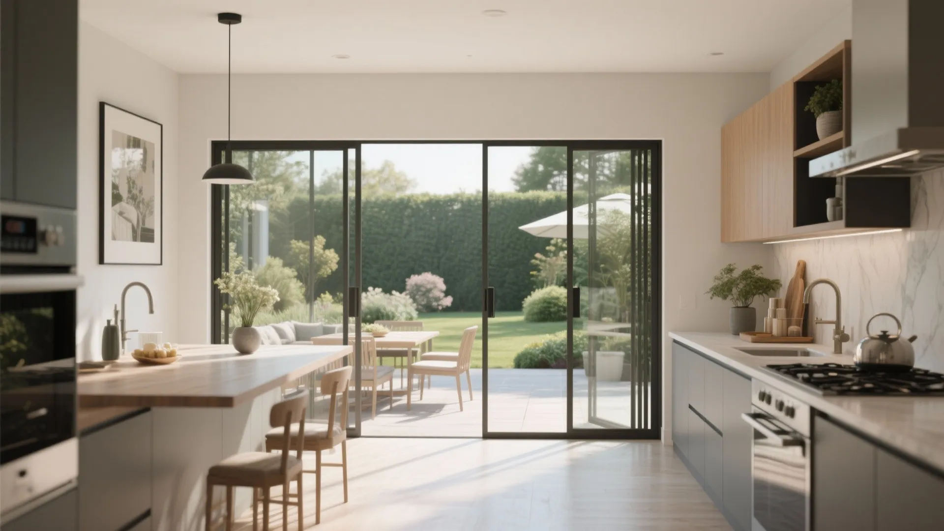 Modern kitchen view through sliding glass doors to a garden with outdoor table and green trees