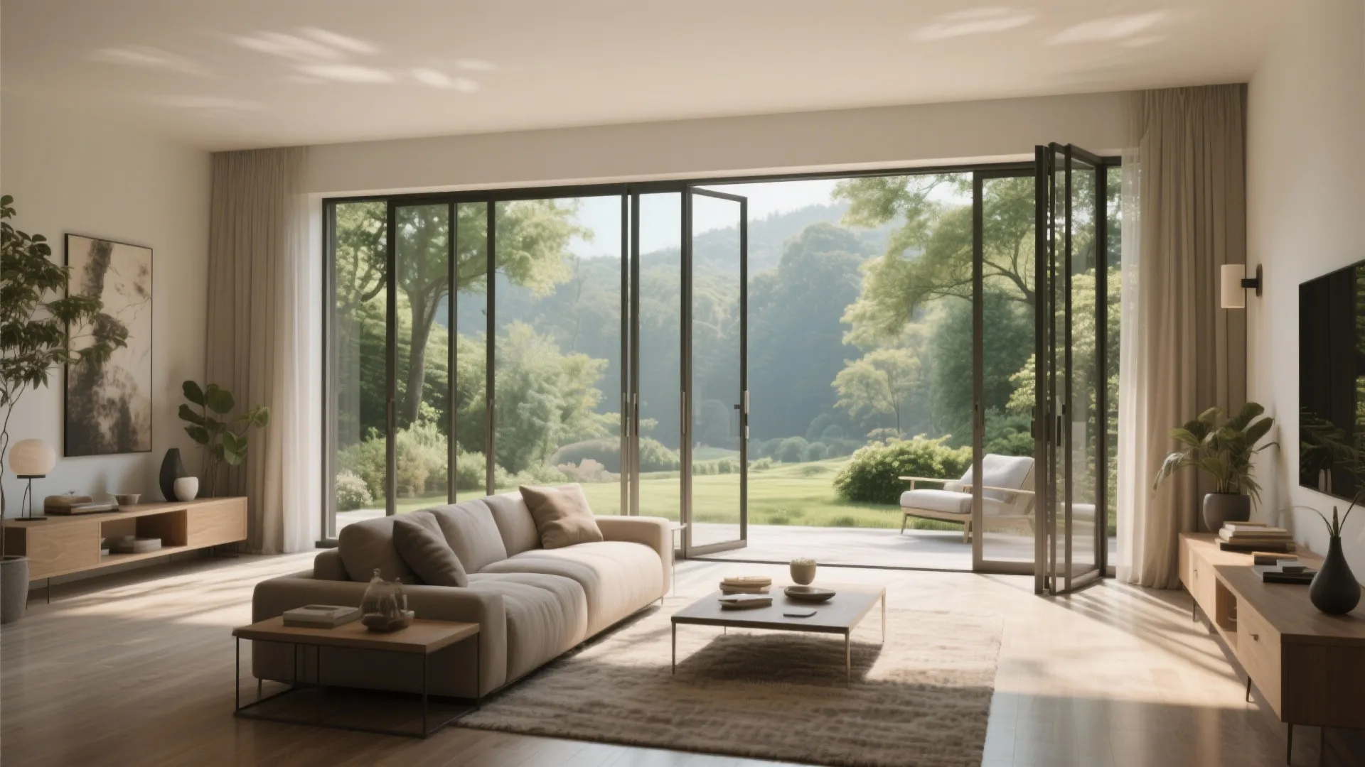 Bright living room with folding glass doors opening to green garden with sofa and wooden furniture