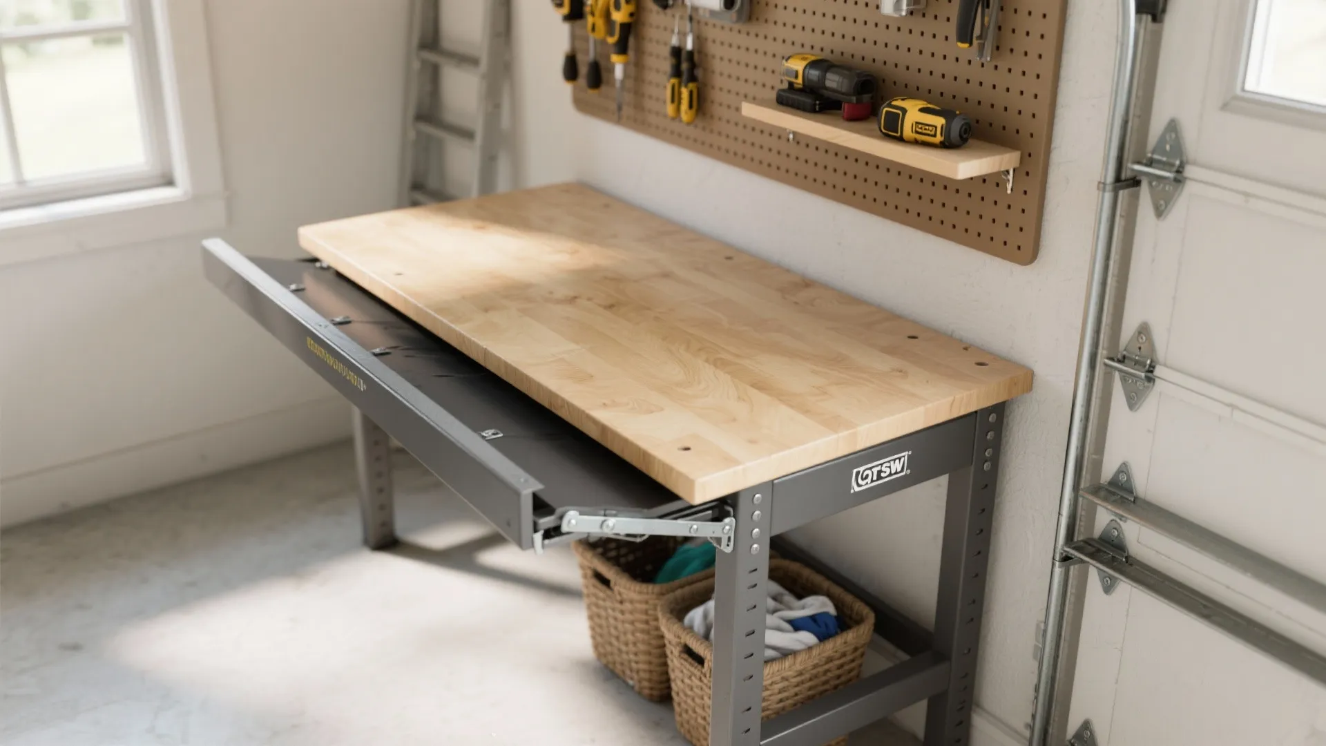Top-down view of a fold-down workbench in a garage laundry showing hinge hardware, magnetic strip, and under-shelf storage.