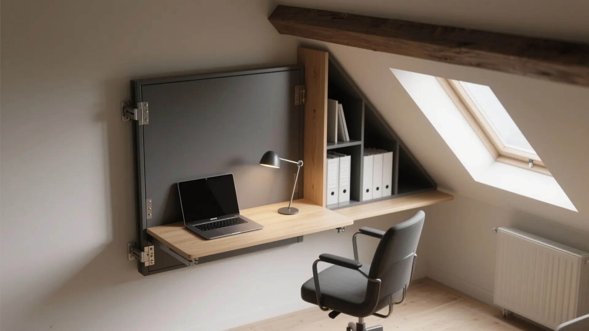 Space saving folding wall desk with laptop and black chair in a bright attic room