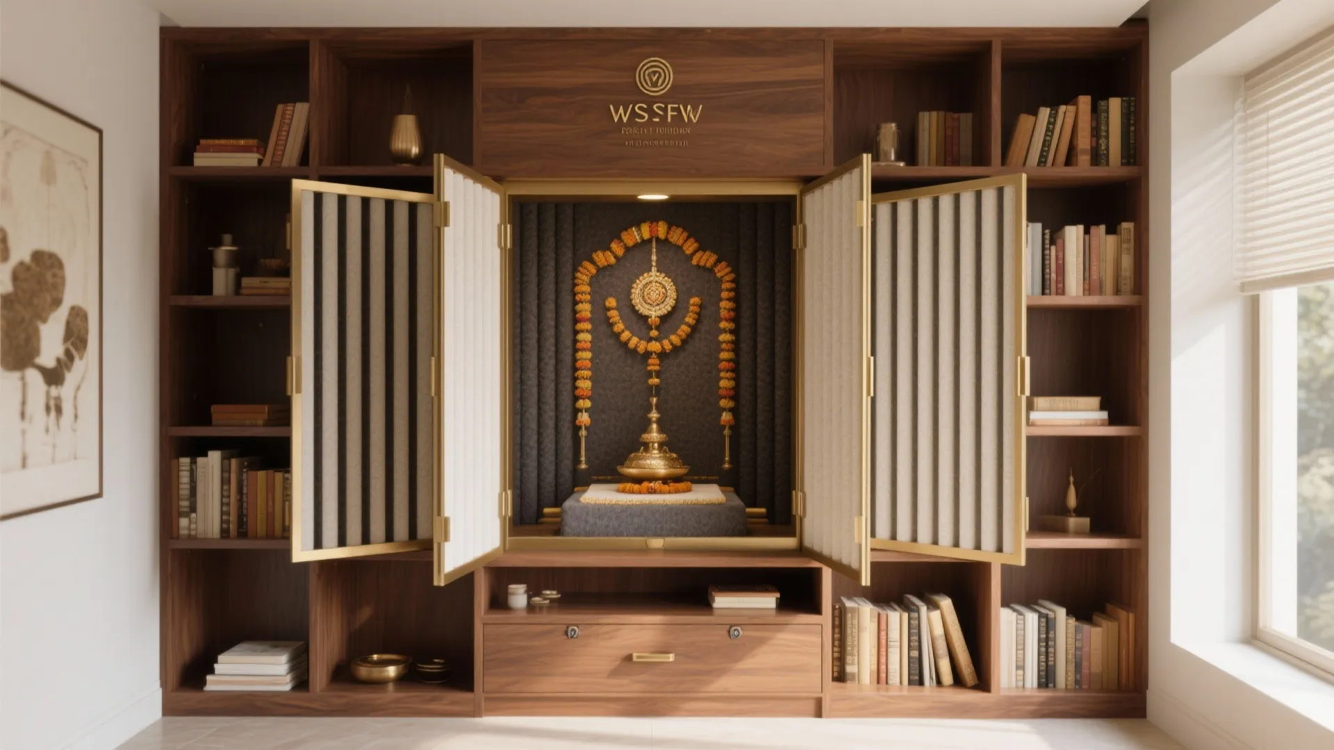 Wooden bookshelf unit with a fold out prayer cabinet containing a gold statue and flowers