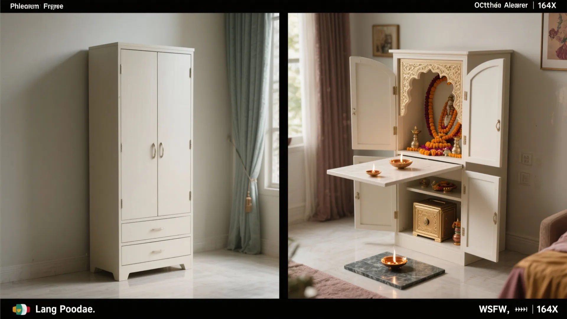 Before and after comparison of a closed white cabinet versus an open prayer unit with candles