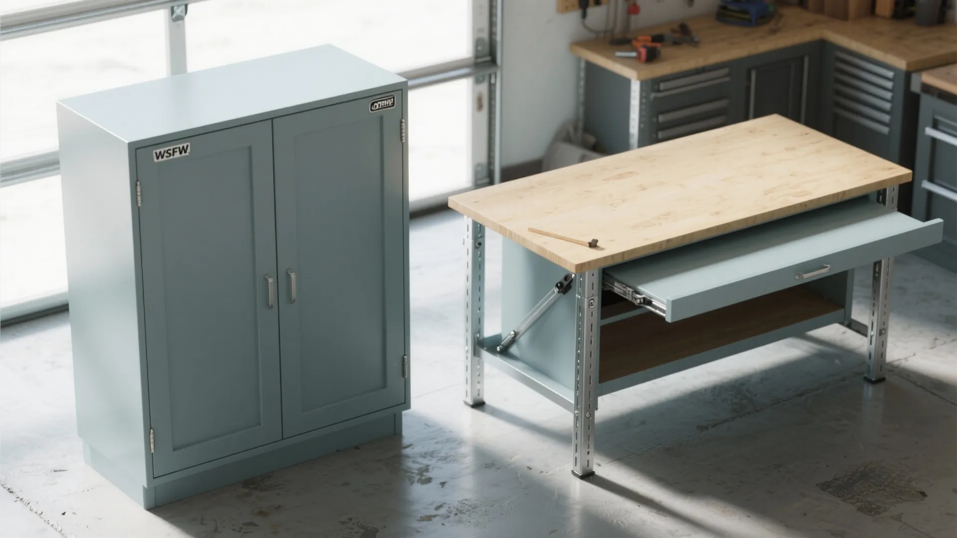 5. Fold-out workbench hidden behind cabinet doors