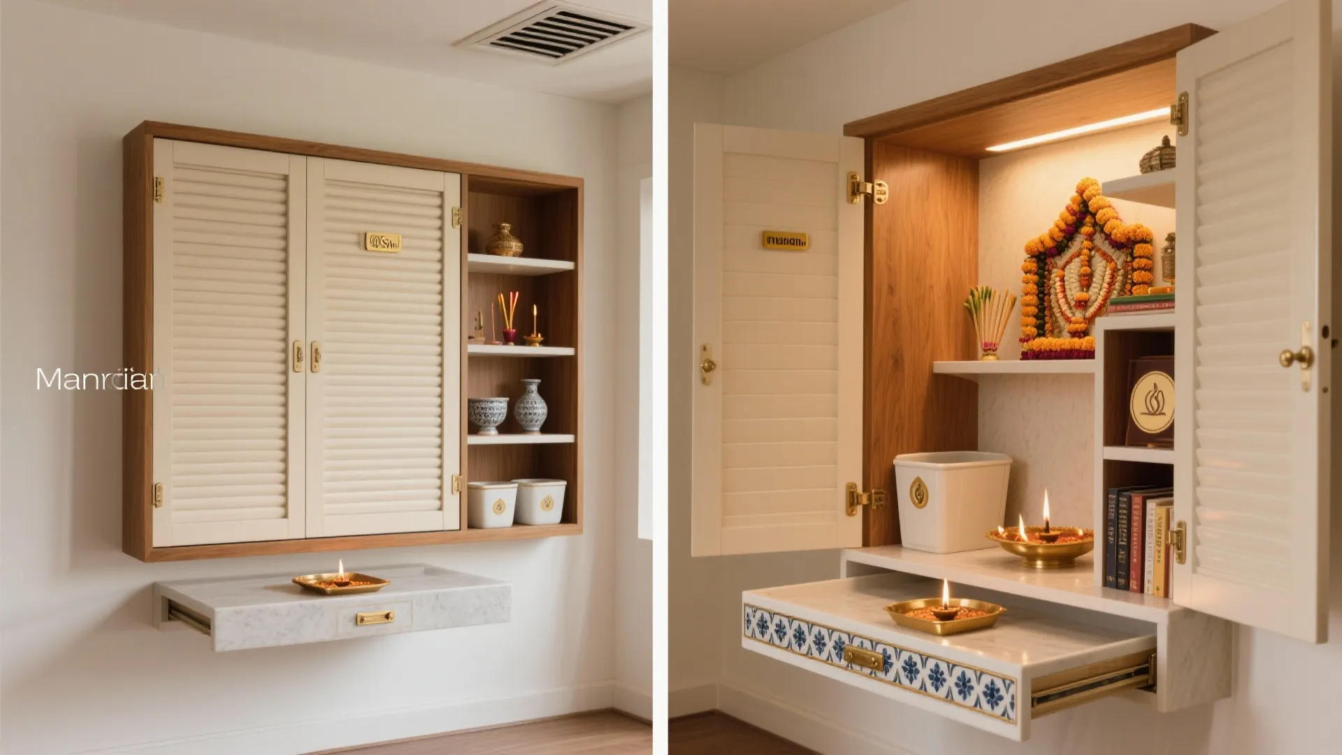 Modern wooden wall cabinet with white doors next to a pull out stone shelf and candles