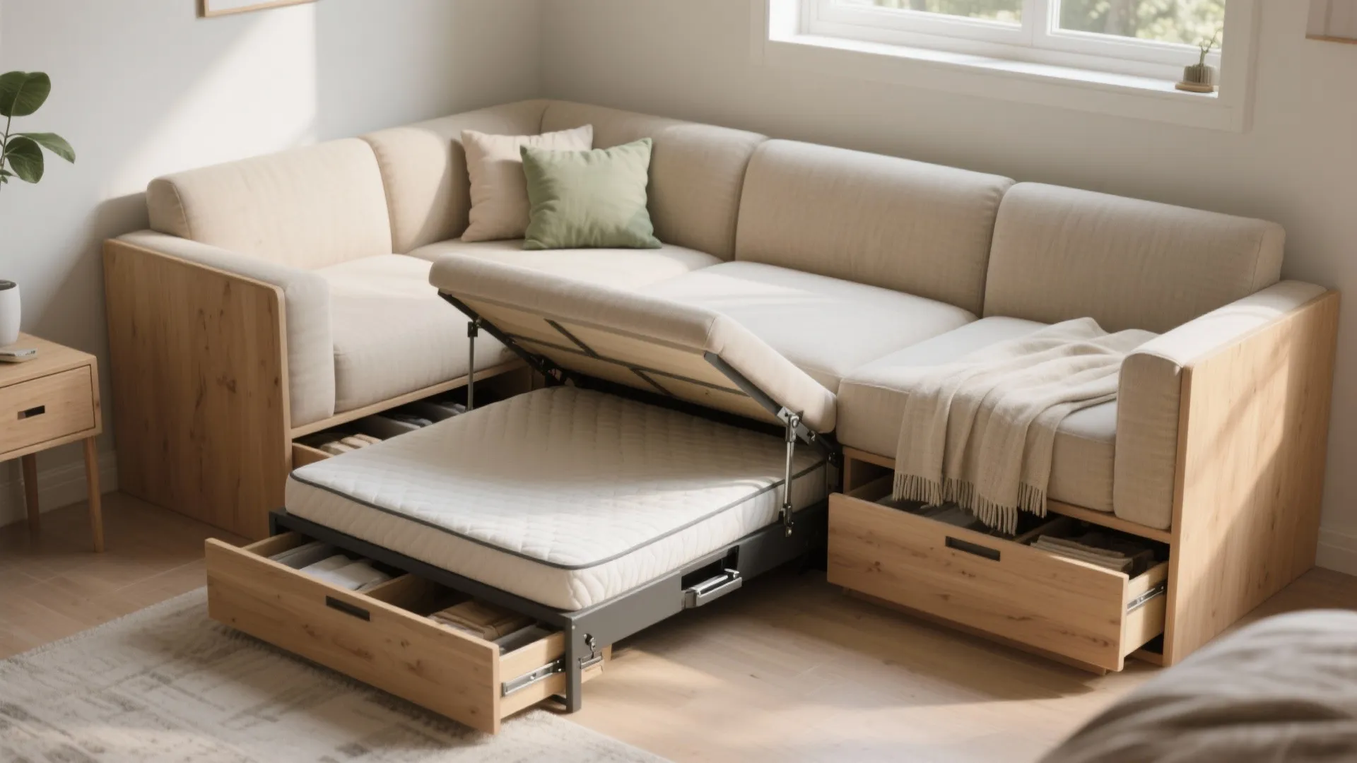 Modern wood sofa with pull out bed and storage drawers in a bright living room