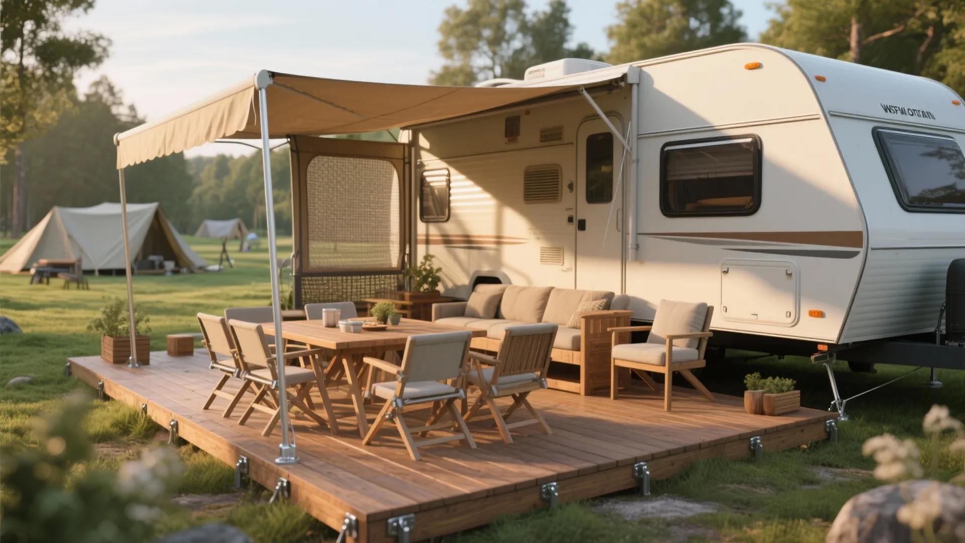 5. Fold-Out Deck or Awnings as “Extra Room”