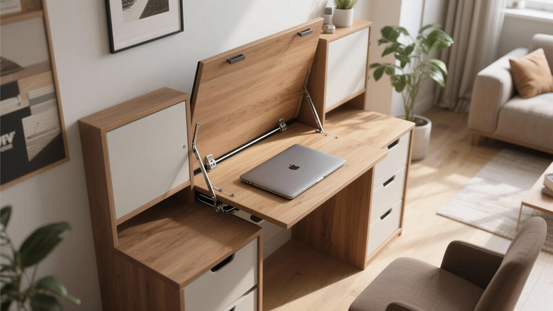 Wooden foldout desk with laptop and storage units in a modern bright living room interior