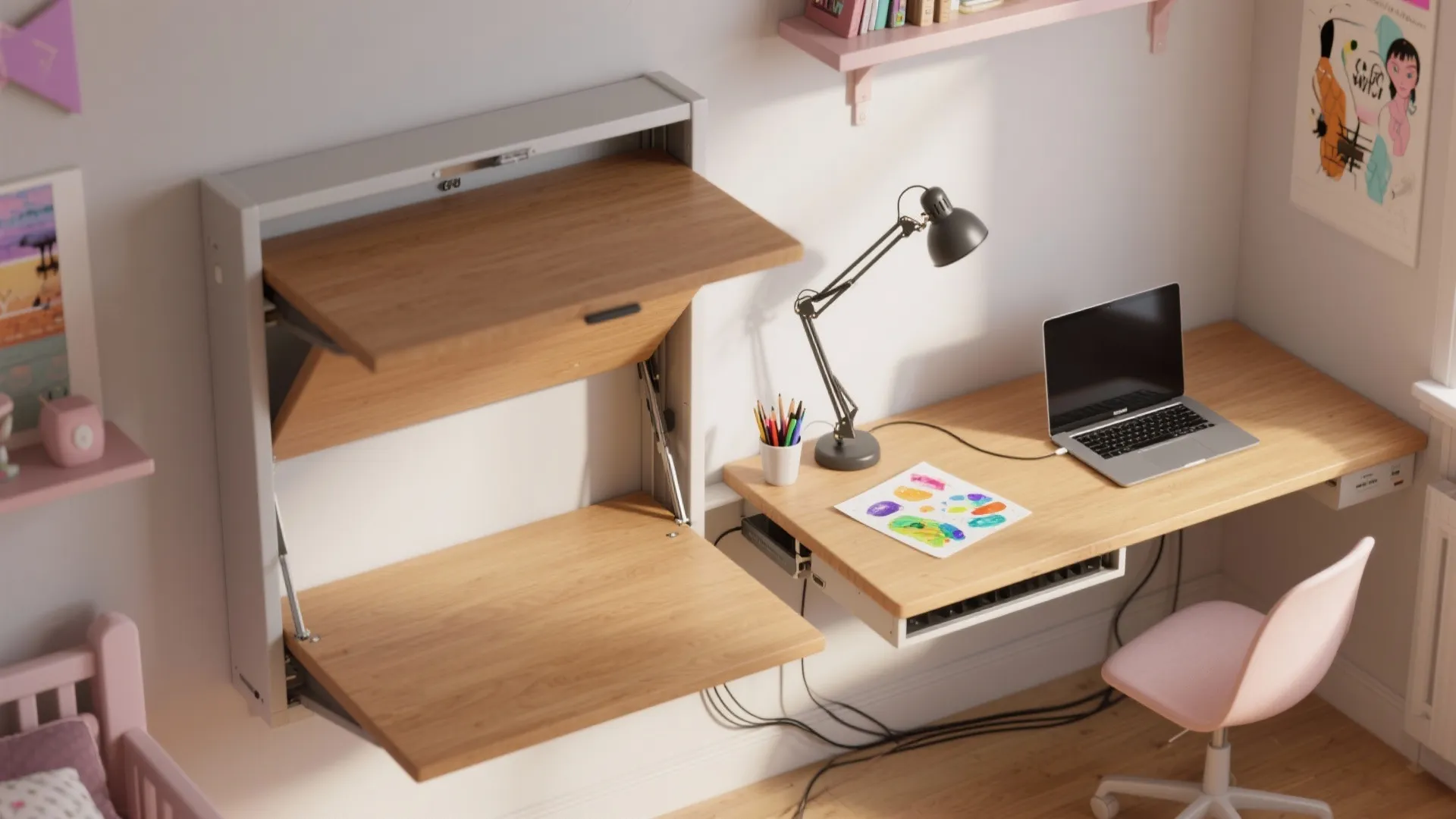 Space saving wall mounted fold out wooden desk next to desk with laptop and chair