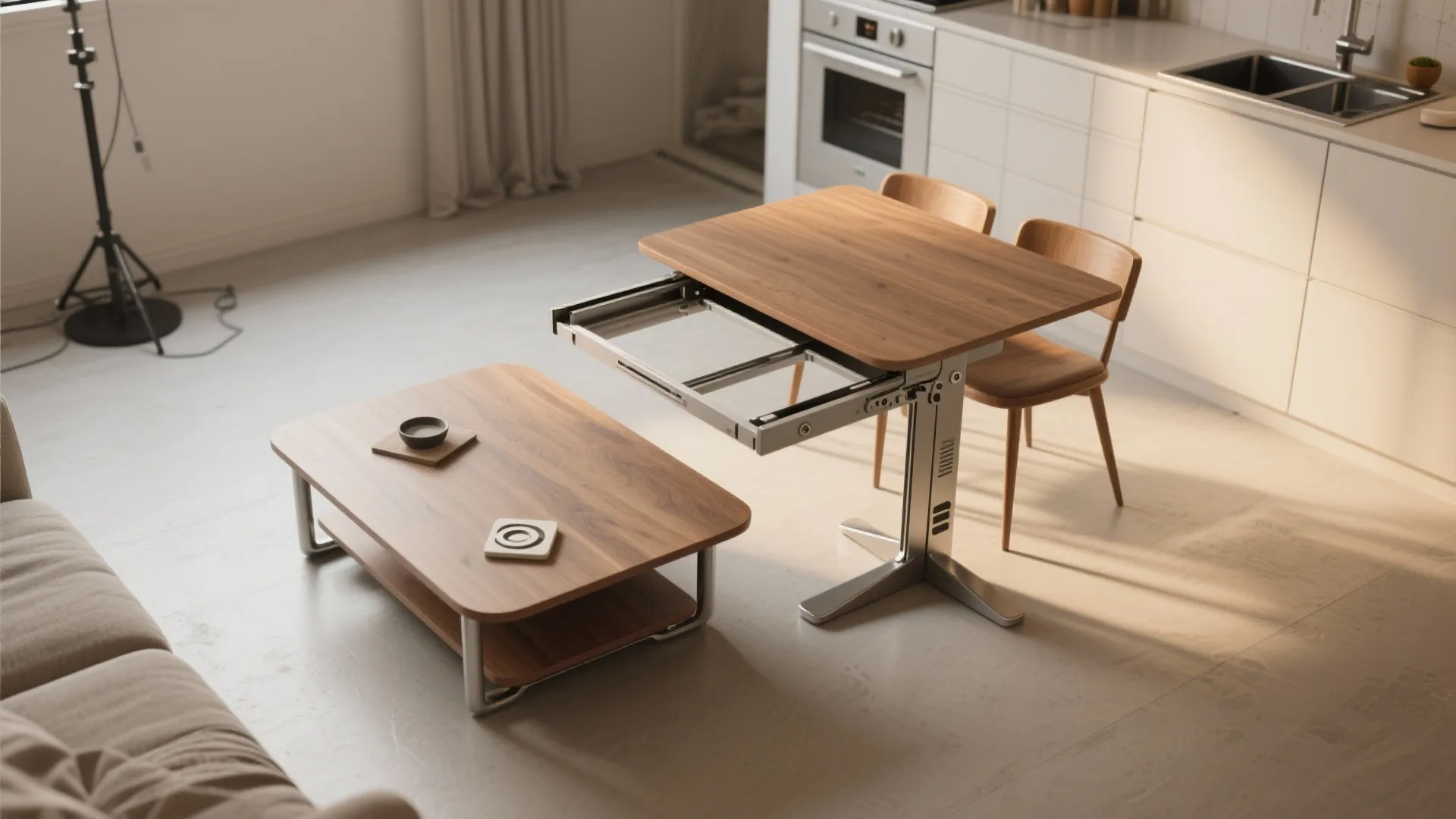 Compact kitchen area showing a multifunctional wooden table that extends into a high dining table