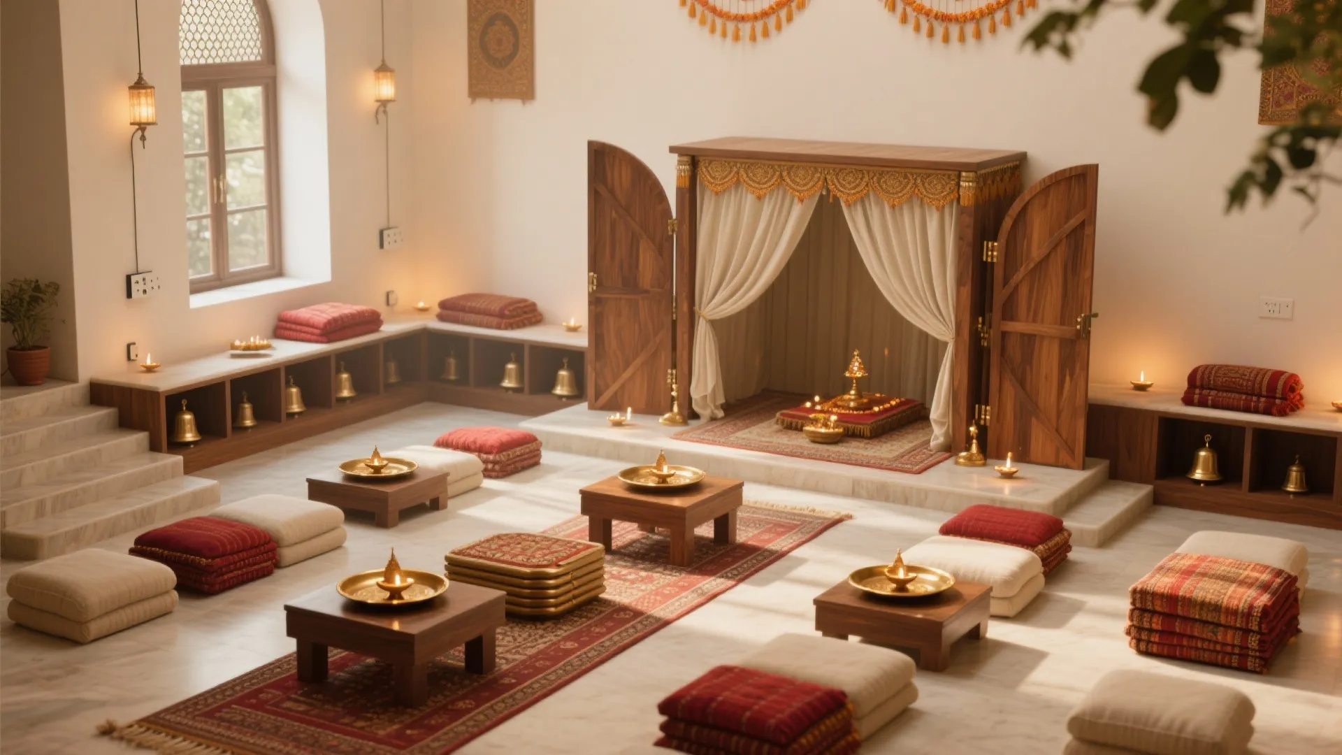 Transformable pooja chowk design featuring a fold-out mandap, stackable seating, and modular diya trays.
