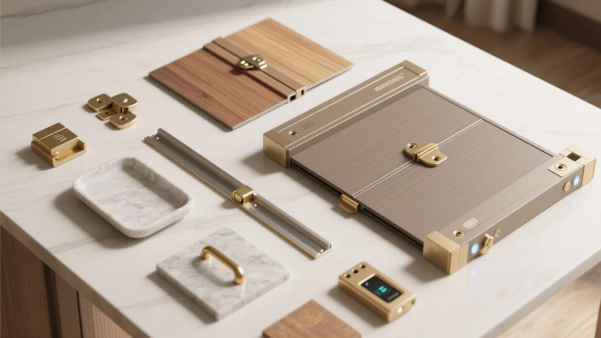 Top-down flat lay of laminate, hinges, pocket rail, magnetic strip, LED sensor, stone tray, and brass pull.
