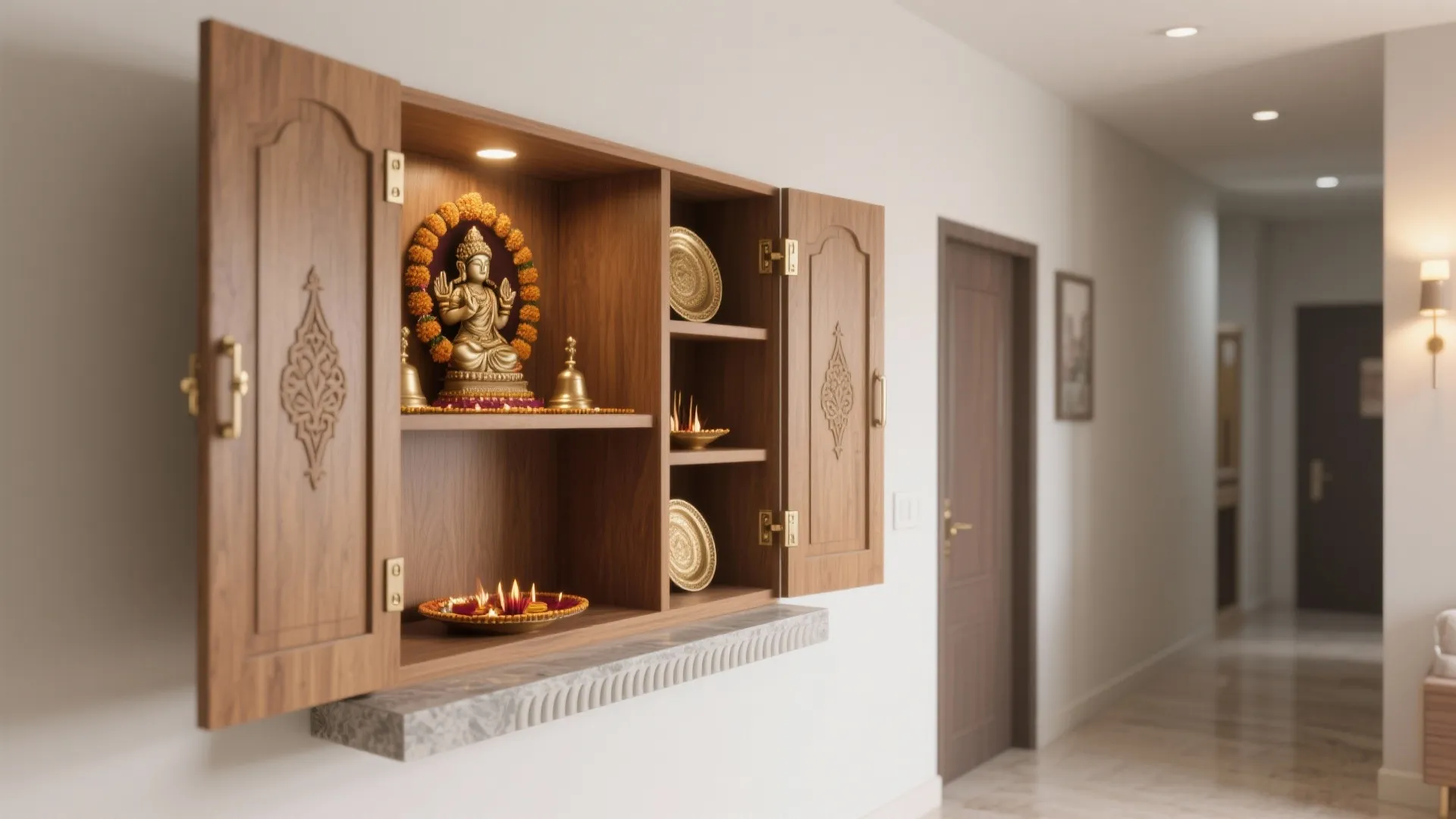 Wall-mounted pooja cabinet with bi-fold doors, shallow shelves, and a stone ledge.