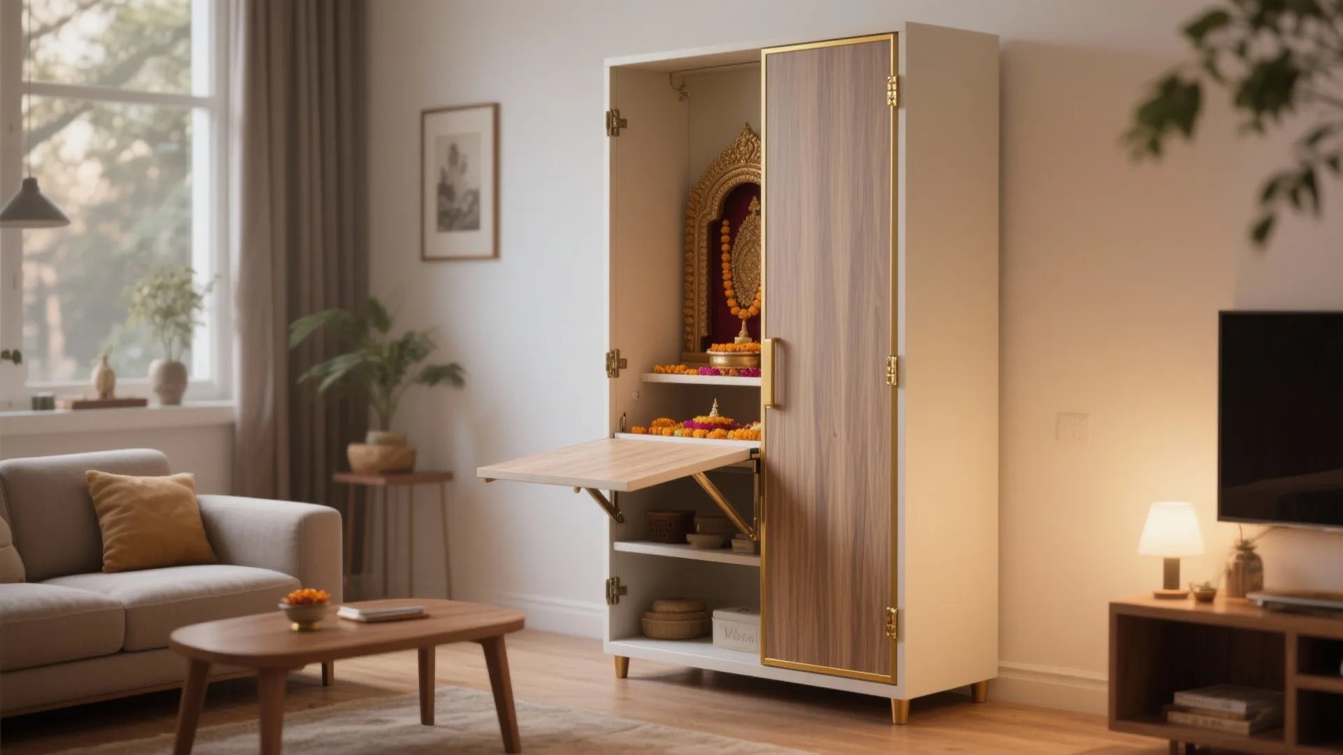 Modern living room with a white cabinet featuring a fold down shelf and wood door panel