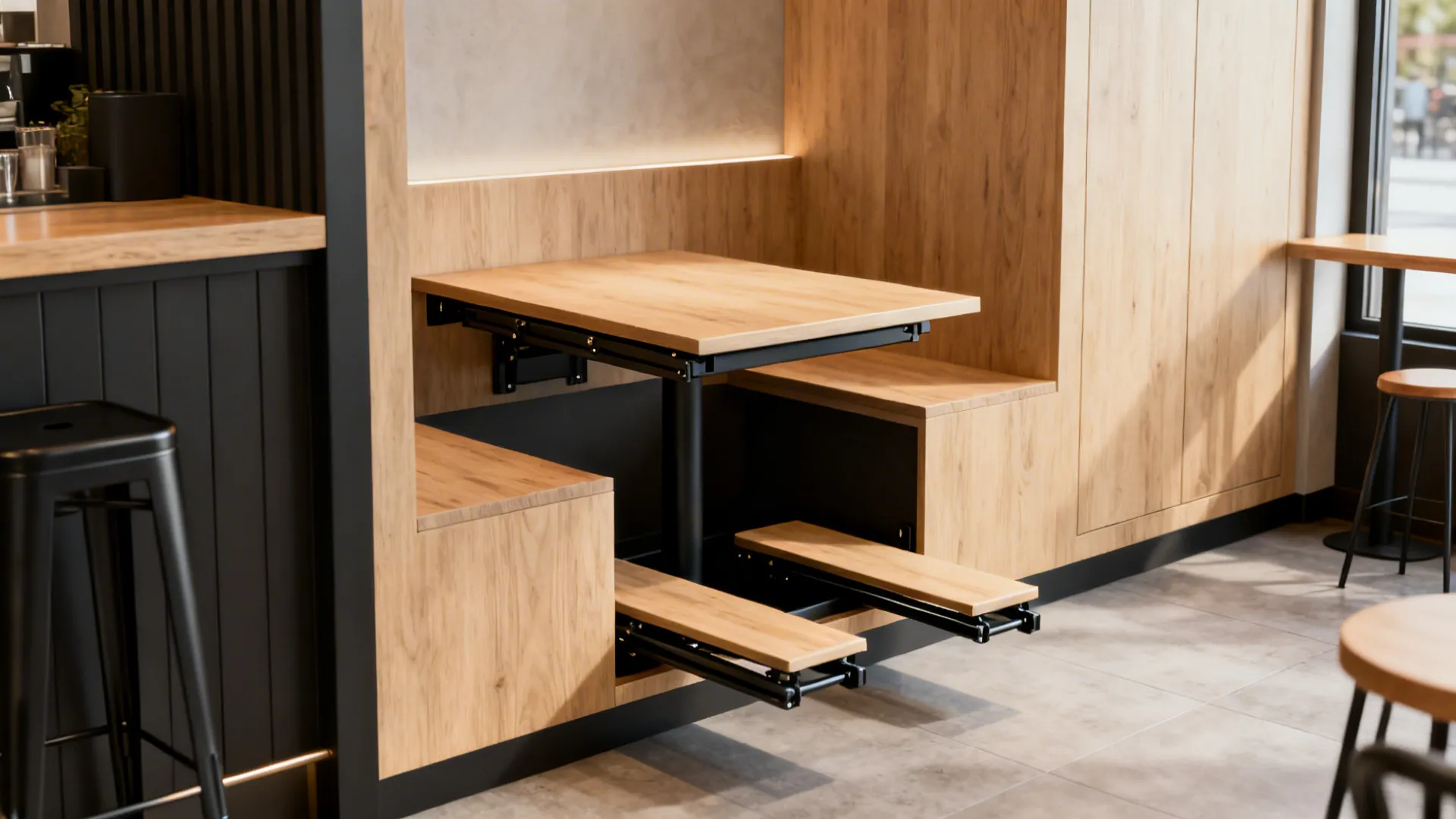 Fold-out table with slim stools sliding from a recessed niche, creating a cafe-like nook in a tiny apartment.