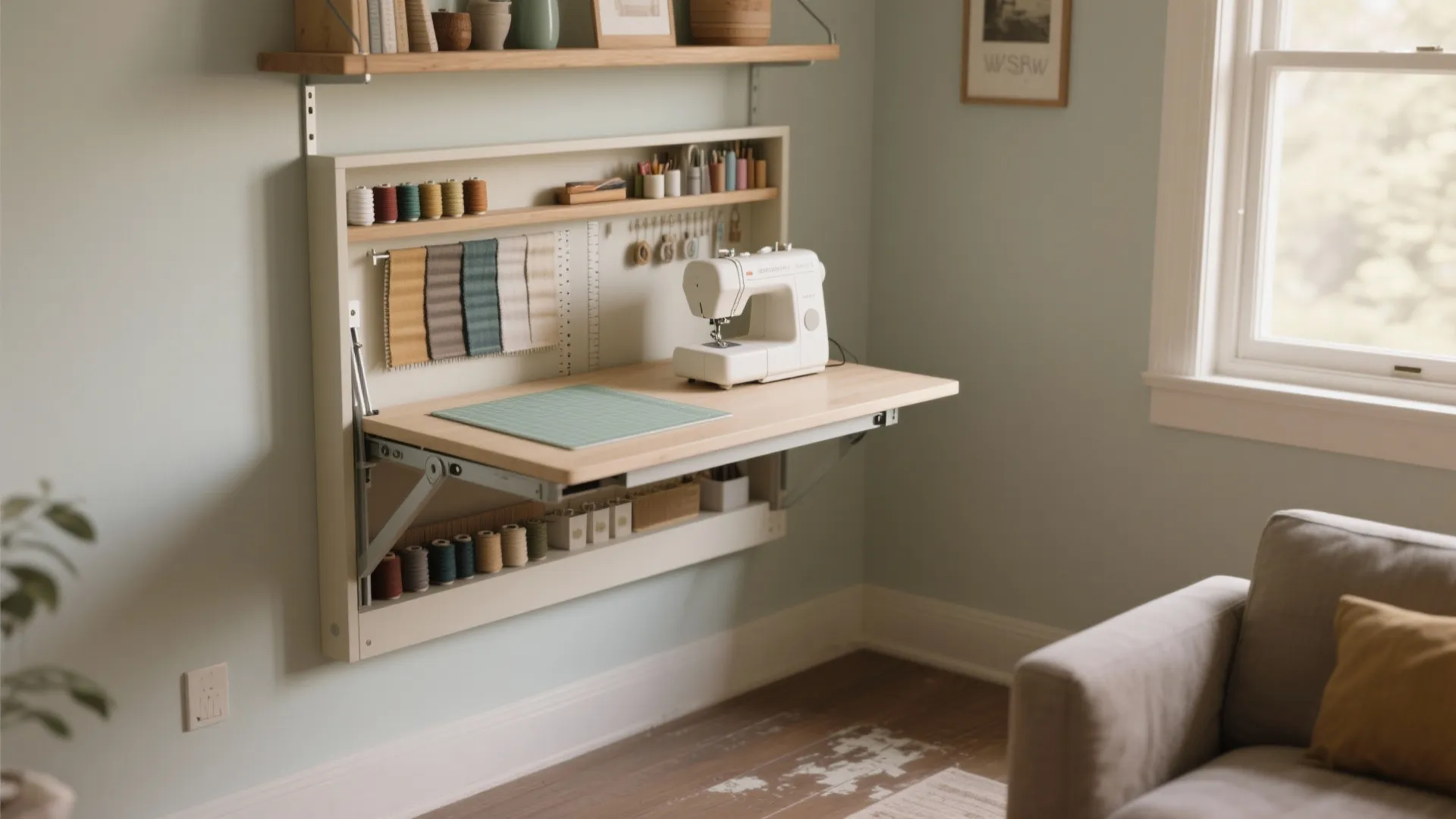 Fold-out wall-mounted craft table pulled down with hidden shelf for threads and rulers in a small living area.
